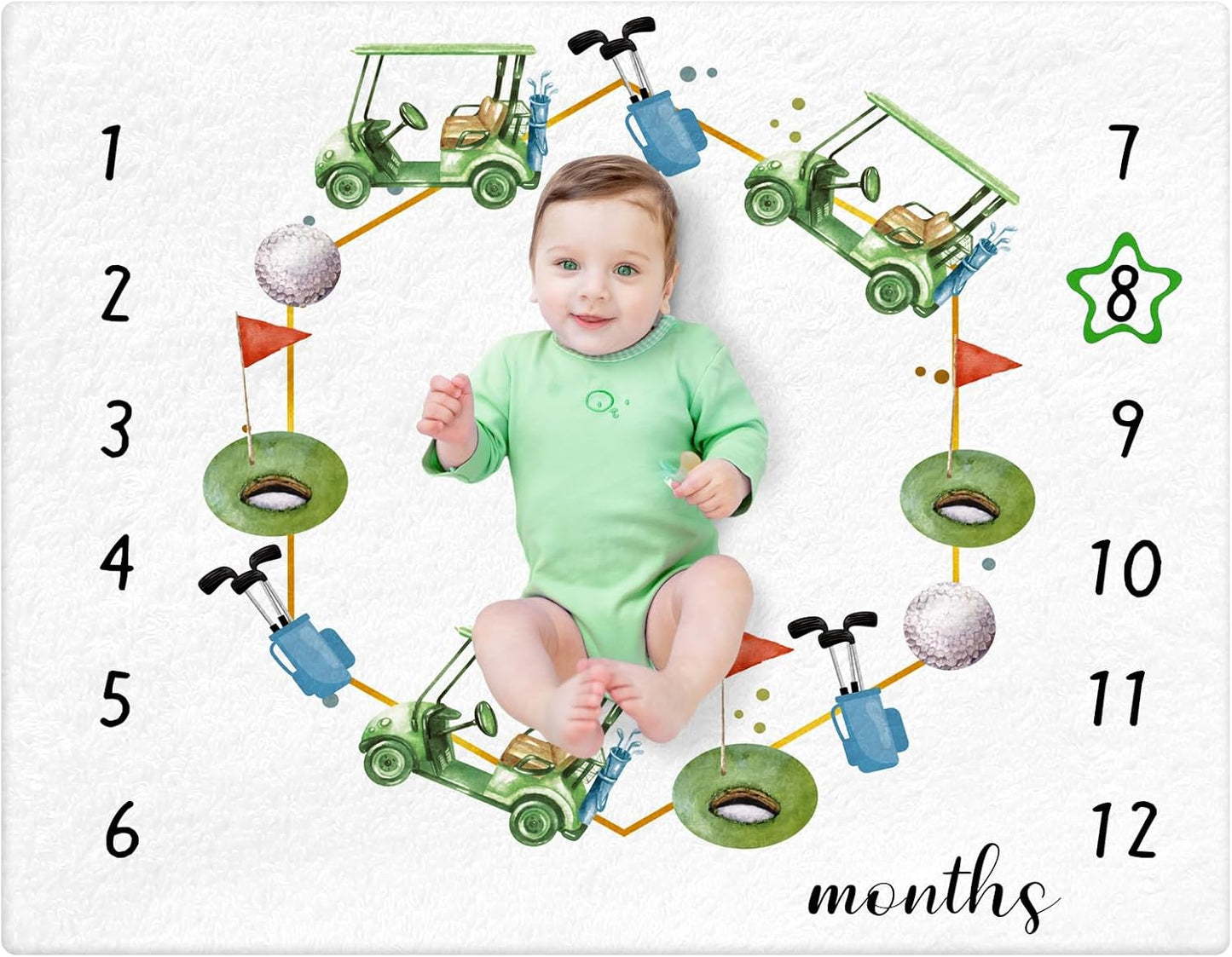 Golf Print Baby Monthly Milestone Blanket Newborn Baby Boy Green Gender Neutral Newborn and Nursery Essentials Personalized Ideas for Nursery Decor (Green, Golf)