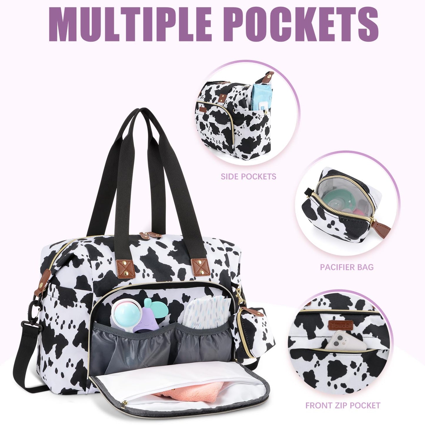 Tuwubi Diaper Bag Tote,Baby Diaper Bag with Pacifier Case Large Travel Diaper Tote Caddy for Mom and Dad Multifunction Large Baby Bag - Cow Print