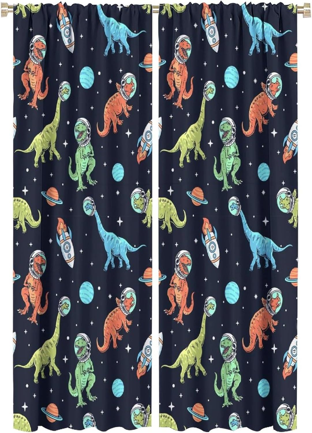 Cartoon Dinosaur Curtains for Kids Boys Girls Home Decor, Astronaut Rocket Funny Outer Space Blackout Rod Pocket Window Drapes for Bedroom Living Room W21xL63in 2 Panels