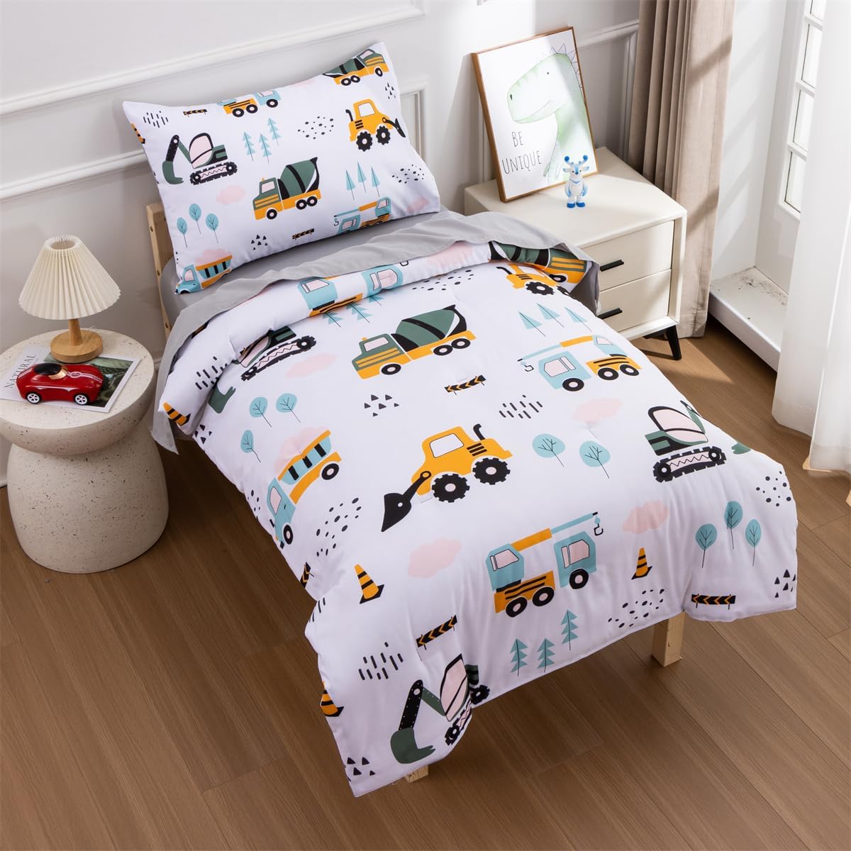 NTBED 4 Pieces Construction Toddler Bedding Set for Baby Boys,Tree Truck Vehicles Excavator Cars Printed, Includes Comforter, Flat Sheet, Fitted Sheet and Pillowcase,Light Green