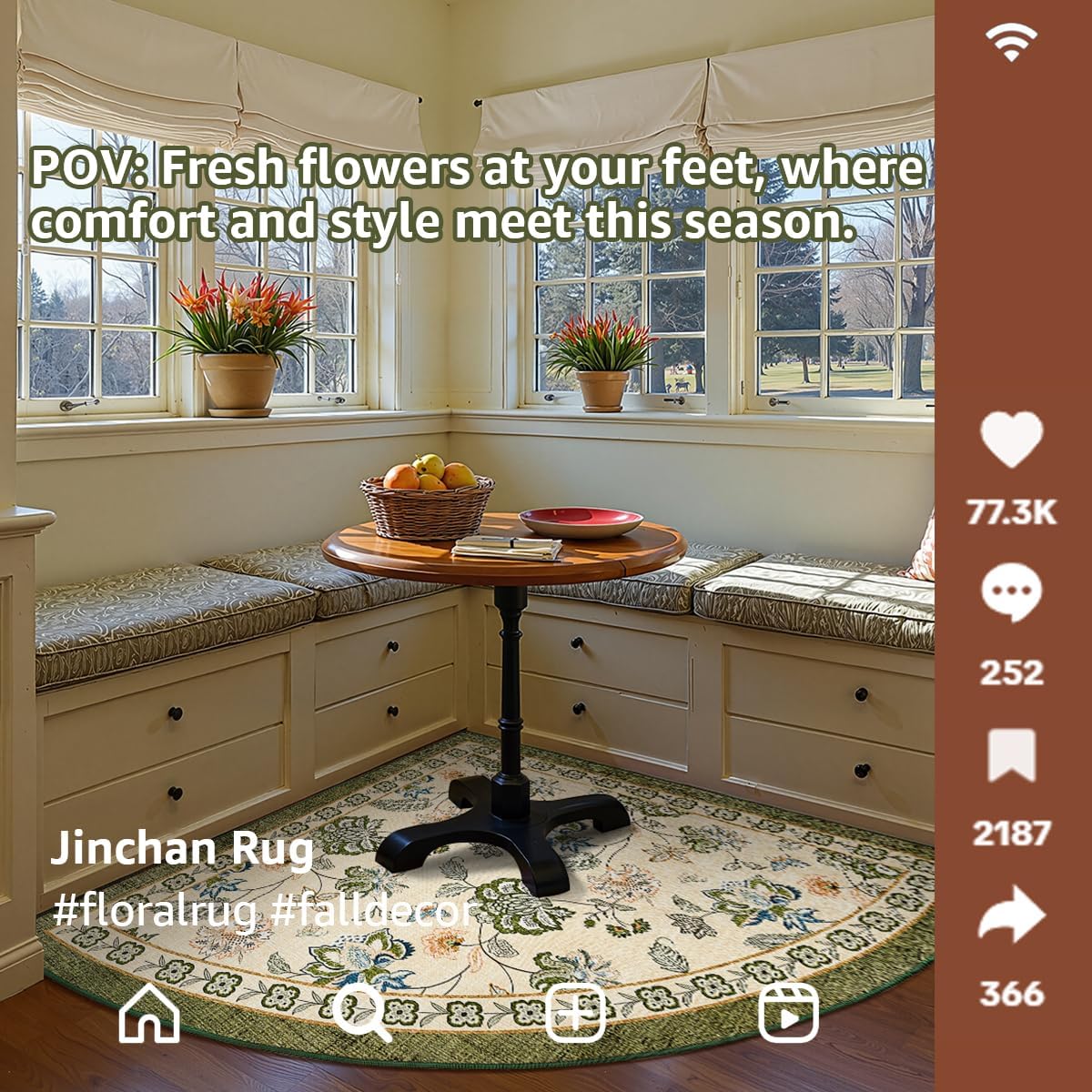 jinchan Floral Corner Rug for Living Room Washable Bedroom Rug Vintage Romance Design Non Slip Quarter Circle Lightweight Low-Pile Throw Carpet for Reading Nook Playroom,8ft Radius, Green/Beige