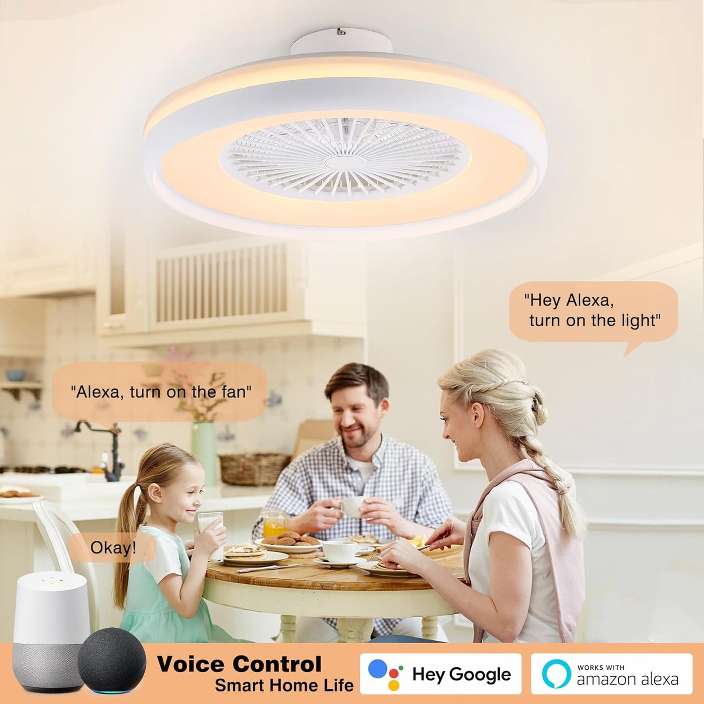 24" Bladeless Ceiling Fan with RGB Light Remote, Smart LED Ceiling Fans with Voice/App Control, Modern Low Profile Dimmable Light Ceiling Fan for Bedroom Living Room White