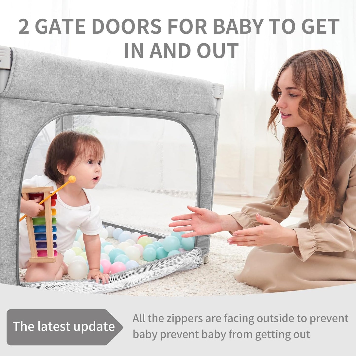 Foldable Baby Playpen, Shape & Size Adjustable Playpen for Toddler, 79x71 Large Play Pens Safety Mesh Foldable Playard for Babies, Portable Baby Fence Play Area Kids Play Pen, Grey