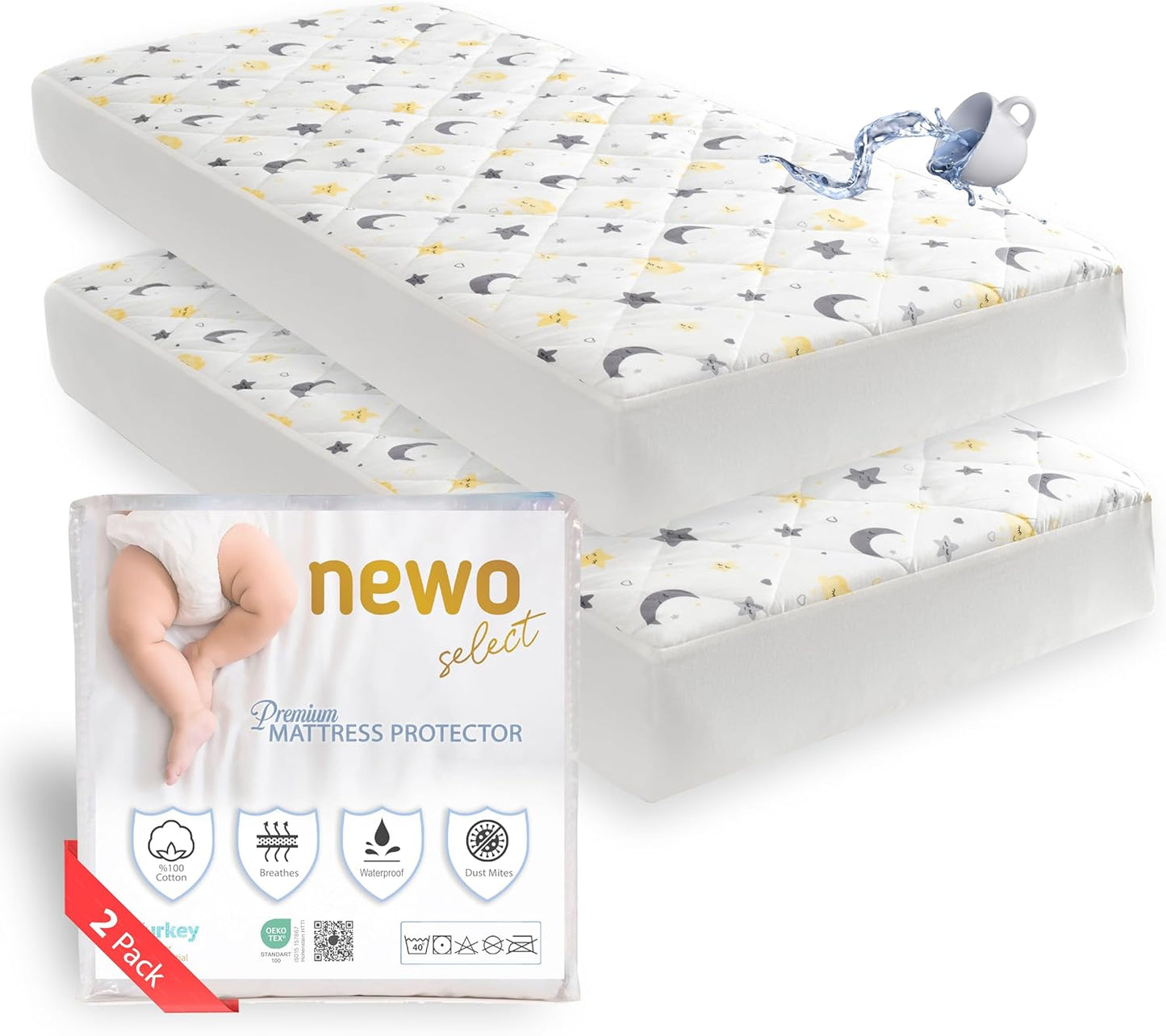Waterproof Crib Mattress Protector Sheets,%100 Cotton Fabric, Absorbent Crib/Toddler Mattress Protector, Quilted, Certified, Noiseless Machine Wash, Moon&Star Pattern 52"x28" (Small Single, 2, Pack)