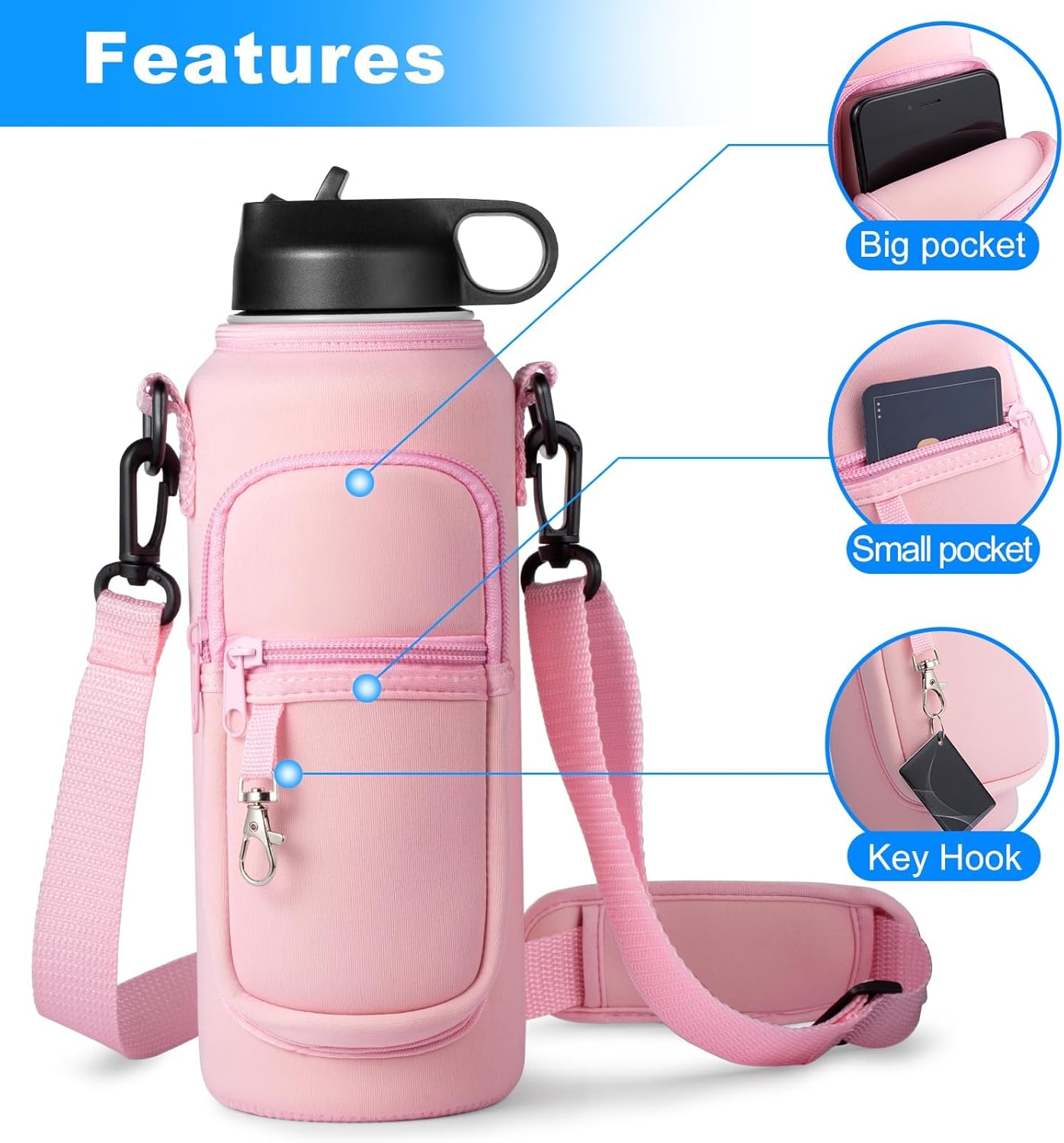 Water Bottle Holder with Strap for Hydroflask 32oz 40oz, Carrier Sling Bag with Phone Pocket Sleeve for Men Women Hiking Camping Travelling（Pink12/16oz）