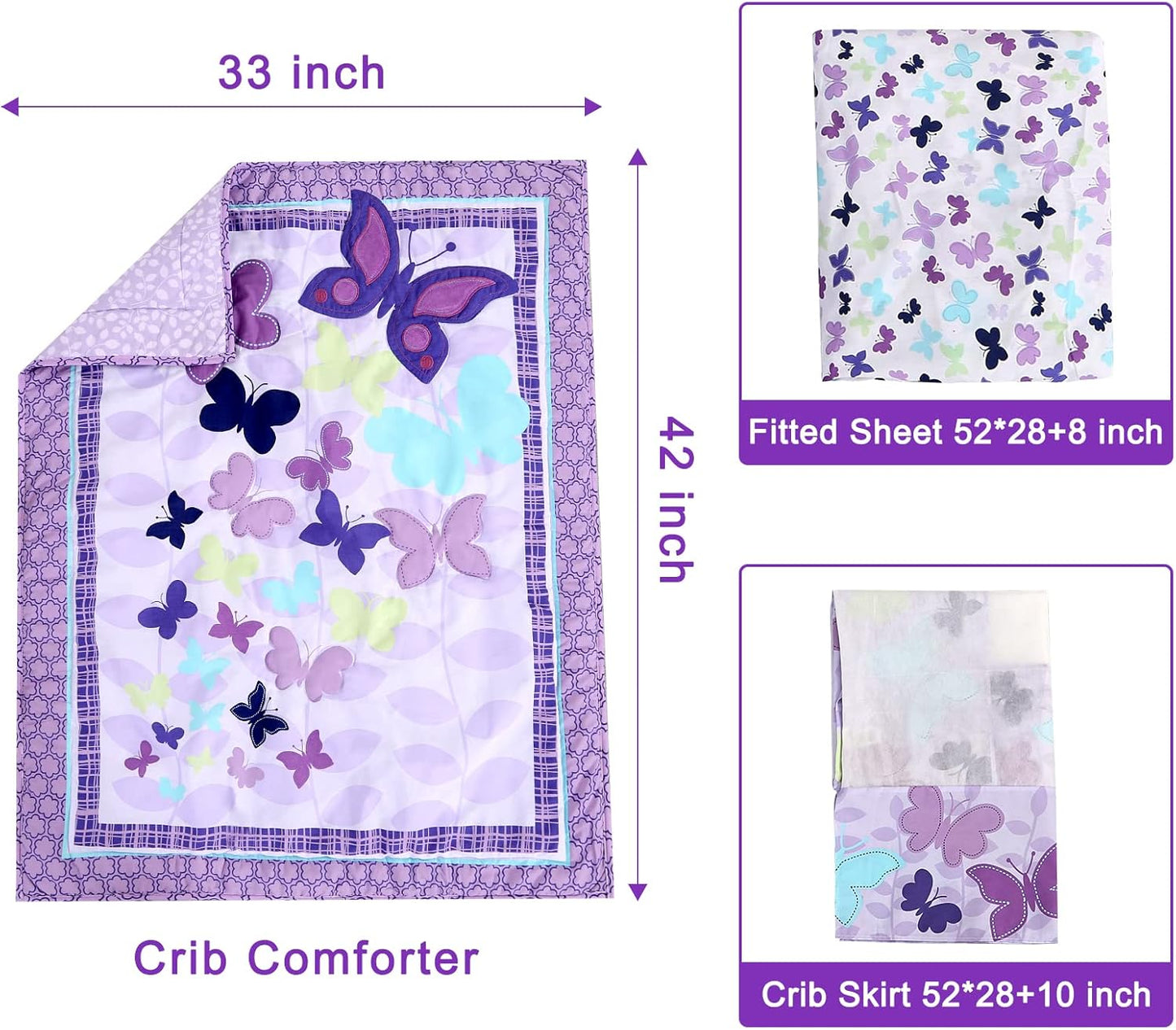 Wowelife Butterfly Crib Bedding Set for Girls 3 Piece Baby Girl Bedding Sets Purple Nursery Crib Sets Newborn, Infant &Toddler Include Quilted Comforter,Crib Skirt and Fitted Sheet, Purple