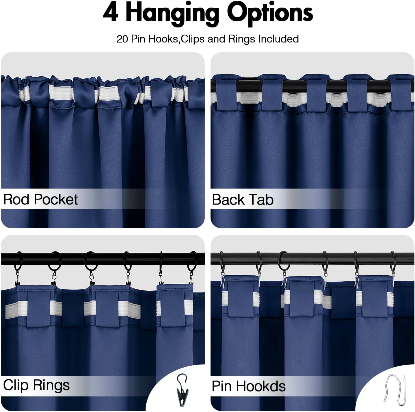 ANRODUO Back Tab Blackout Curtains for Bedroom Living Room, Rod Pocket Pinch Pleated Thermal Insulated Room Darkening Curtains 84 Inches Long 2 Panels, Navy Blue, 42 x 84 Inch