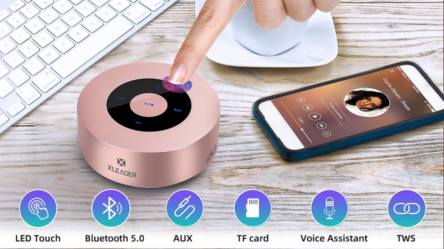 XLEADER Mini Bluetooth Speaker (Travel Case Provided) HD Sound&Rich Bass, Touch Design, 12-15H Playtime, Support Aux Input, Micro SD, Mic, for iPhone Laptop Shower Office, Ideal Gifts, Pink Rose Gold