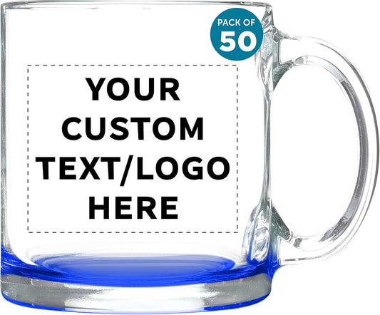 Custom Libbey Clear Glass Coffee Mugs 13 oz. Set of 50, Personalized Bulk Pack - Perfect for Coffee, Tea, Espresso, Hot Cocoa, Other Beverages - Blue Bottom