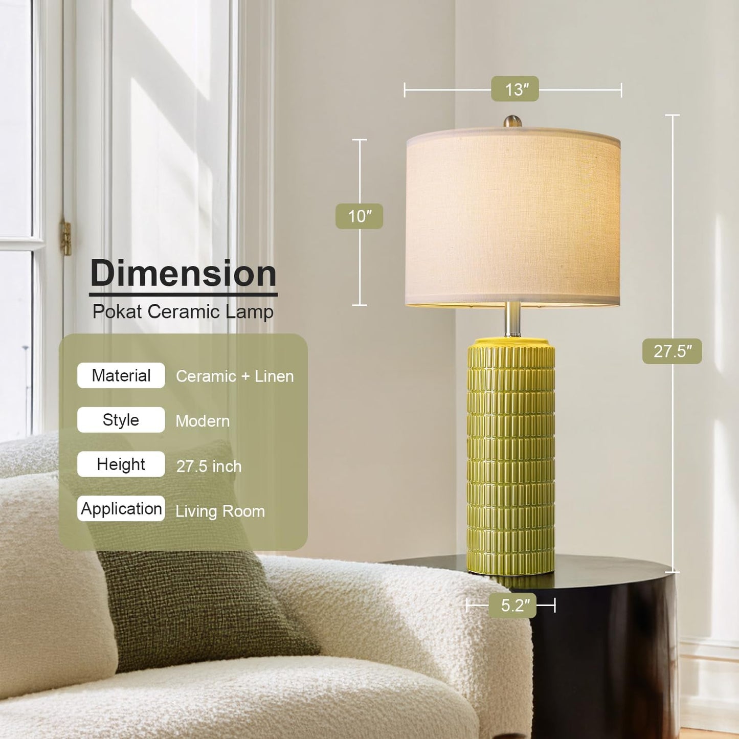 PoKat 27.5'' Tall Table Lamps for Living Room Set of 2, Mid Modern Century Ceramic Bedroom Lamps for Night Stands, Bedside Lamps for Bedroom, Nightstand Lamps for Side End Table Hallway, Green