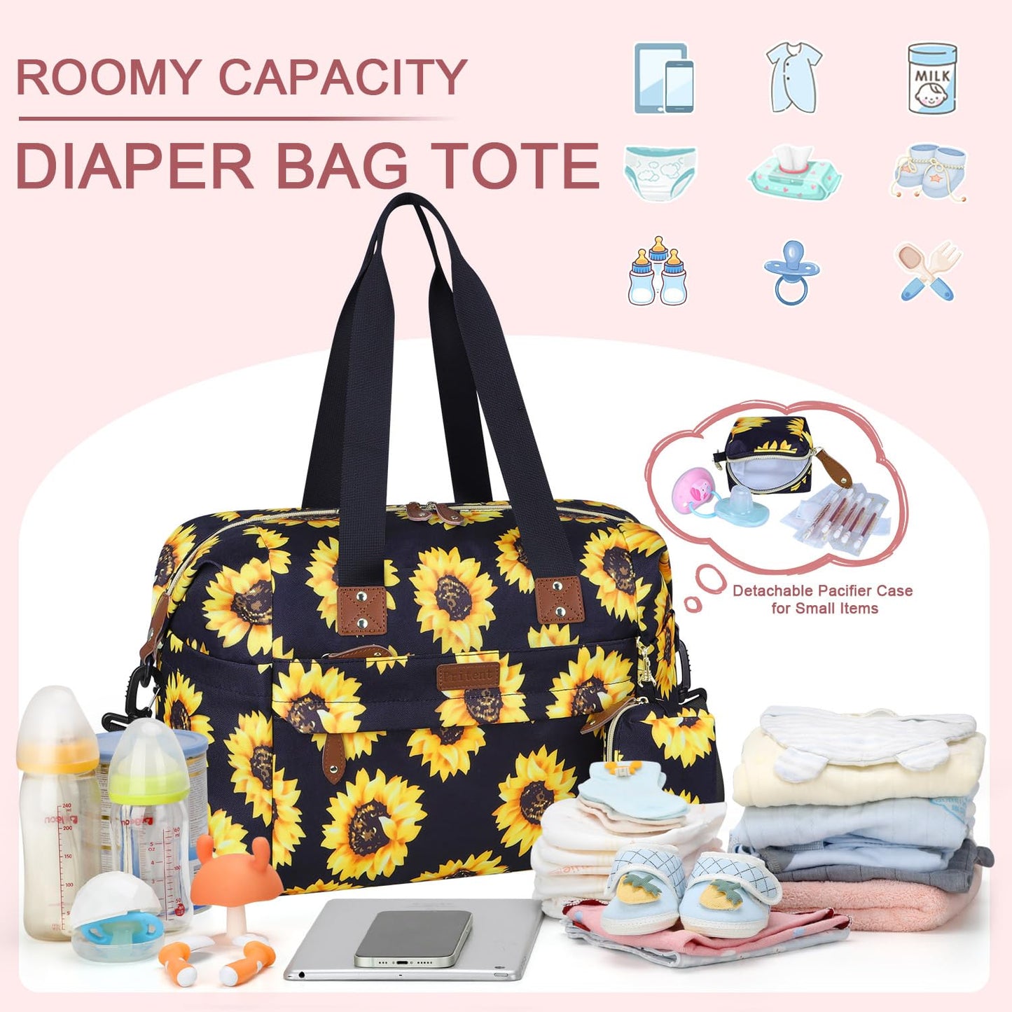 Diaper Bag Tote - Diaper Baby Bags with Pacifier Case, Shoulder Straps, Stroller Clips, Waterproof Large Mommy Maternity Travel Baby Bag for Mom and Dad, Sunflower, Medium