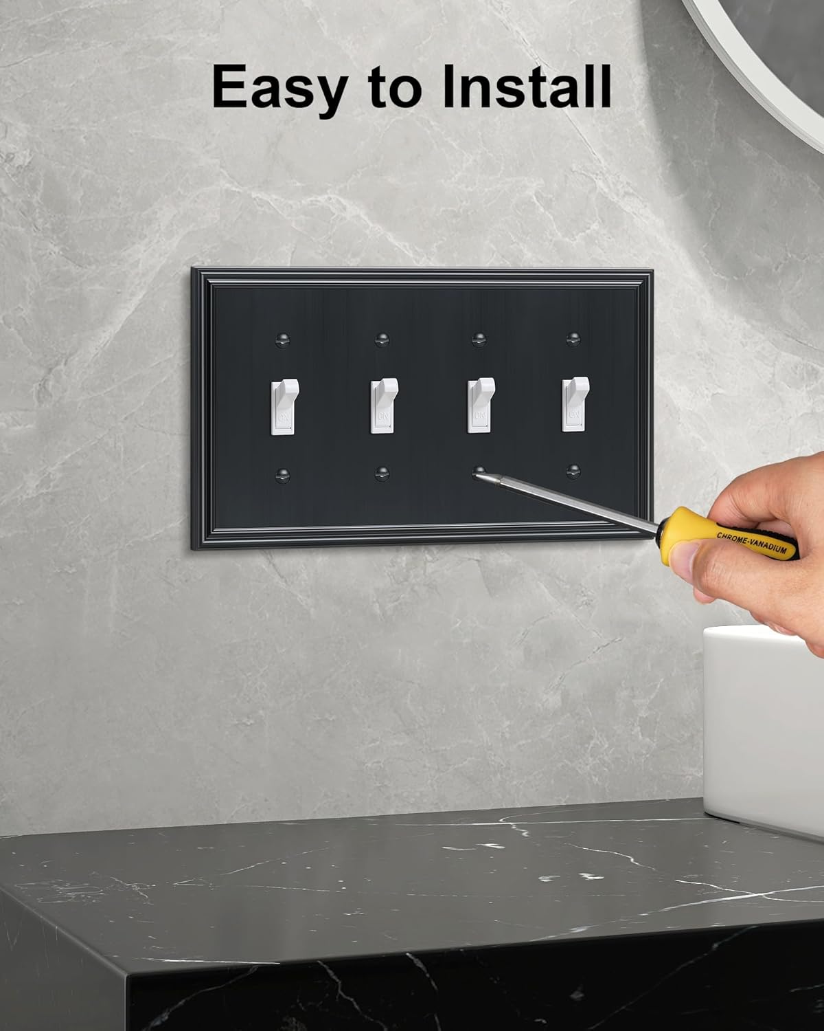 2-Pack Quad Toggle Light Switch Cover Plate, Durable Zinc Alloy Decorative Switch Plate Covers, Black 4 Gang Wall Plate for Toggle Light Switch and Rotary Dimmer Switch