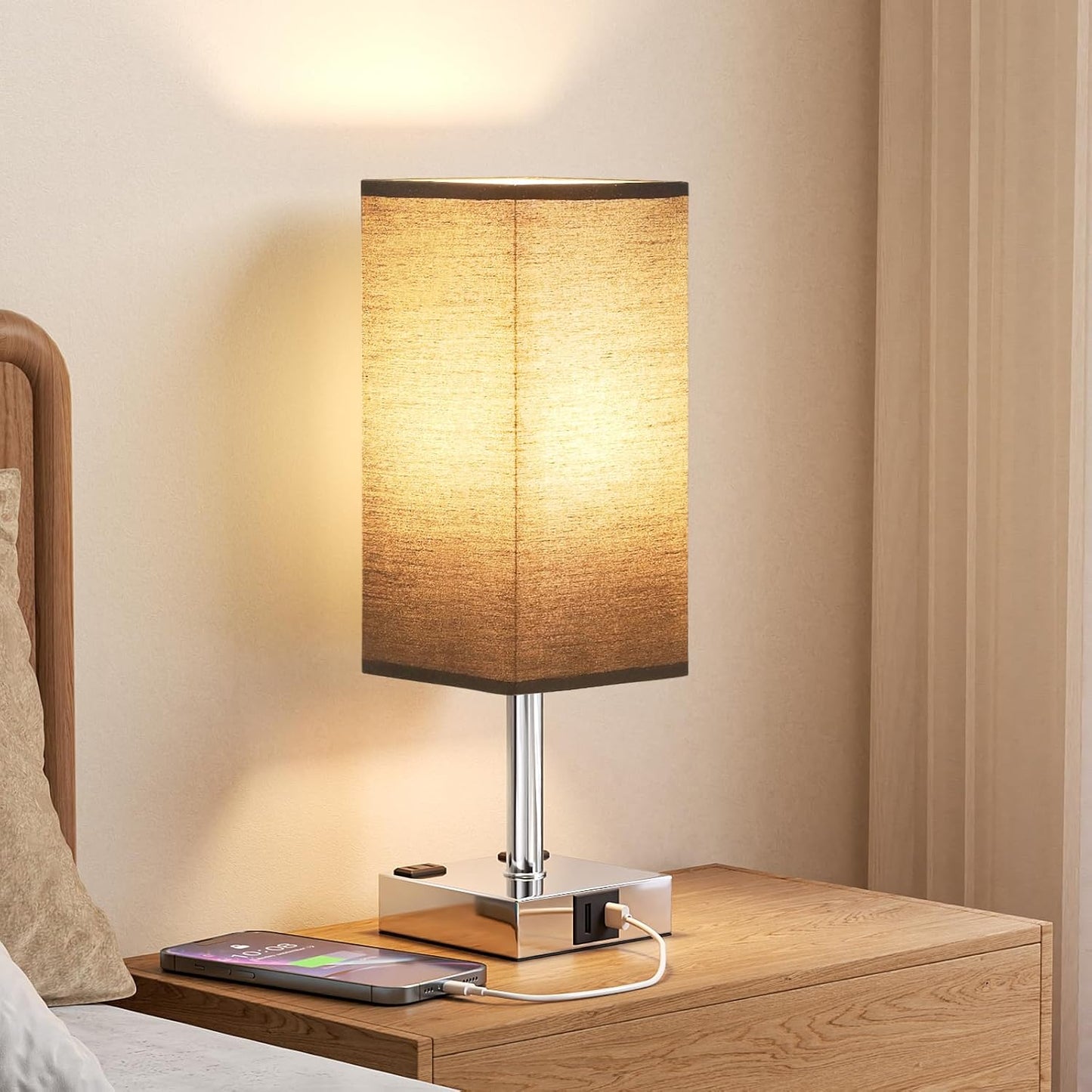 Touch Bedside Table Lamp for Nightstand - 3-Way Dimmable Night Lamp with USB A + Type C Charging Ports and Two AC Outlets, Small Desk Light with E26 LED Bulb for Bedroom Living Room Dorm Office,Black