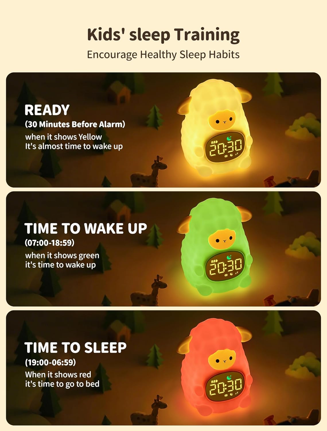 MASHI Sheep Alarm Clock, Toddler Sleep Training Clock with Sun & Moon, Sleep Sound Machine, Night Lights, Alarm Clock for Kids, Gift Ideas for Kids Child