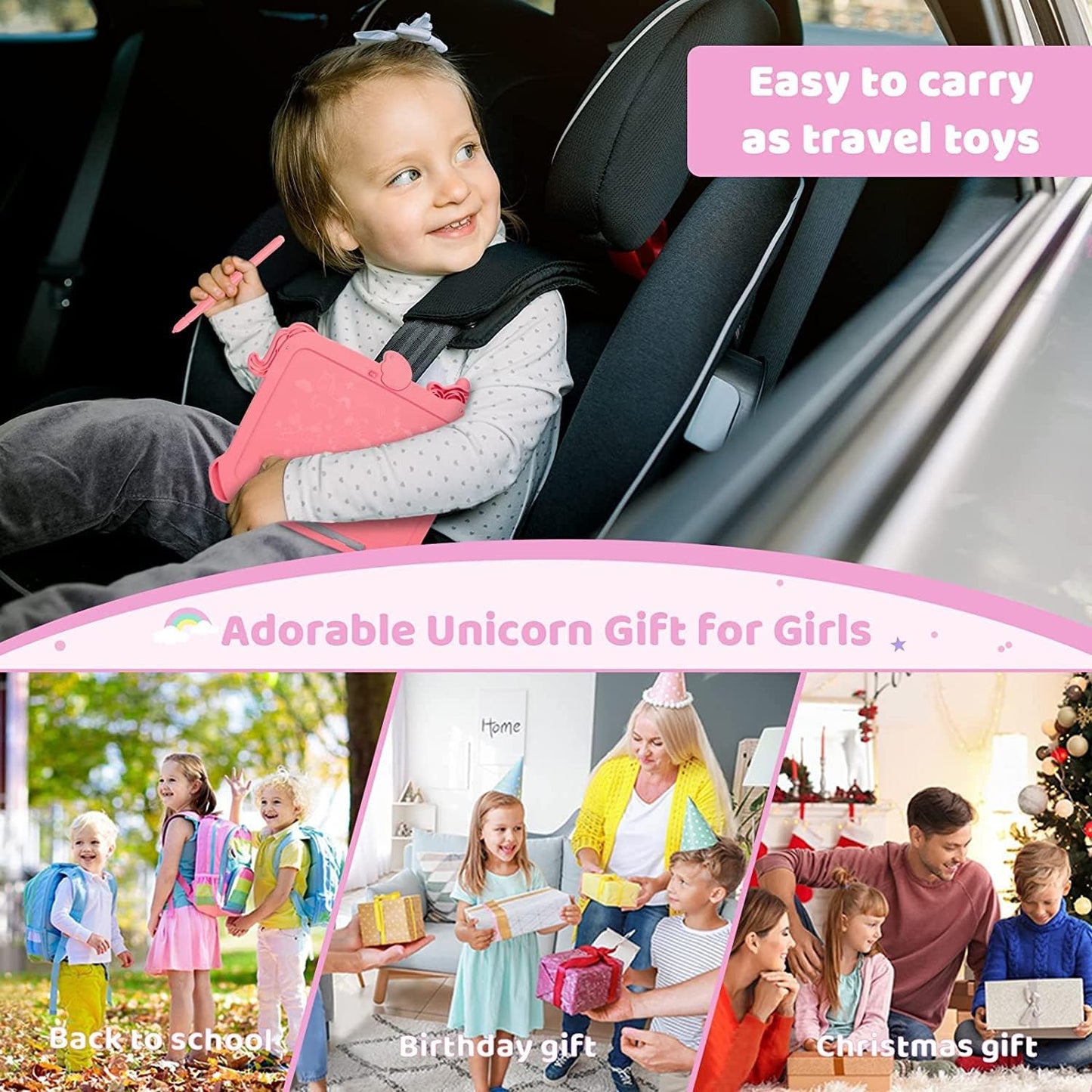 Kikapabi LCD Writing Tablet for Kids, Unicorn Colorful Screen Doodle Board, Electronic Drawing Pad, Educational Toy, Toddlers Travel Toy, Christmas Birthday Gift for 3 4 5 6 7 Year Old Girls Pink