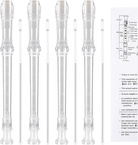 SANNIX 4 Pack Recorder Instrument 8 Hole German Style Soprano Recorder for Beginner Recorder With Cleaning Rod School Student Music Instrument (Clear White)