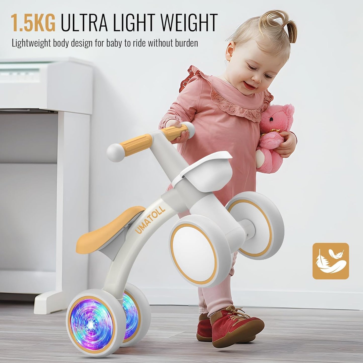 Umatoll Colorful Lighting Baby Balance Bike Toys for 1 Year Old Boys Gifts, Adjustable Seat Baby Walker, One Year Old Boy Birthday Gifts, 12-24 Months Toddler First Ride on Toys