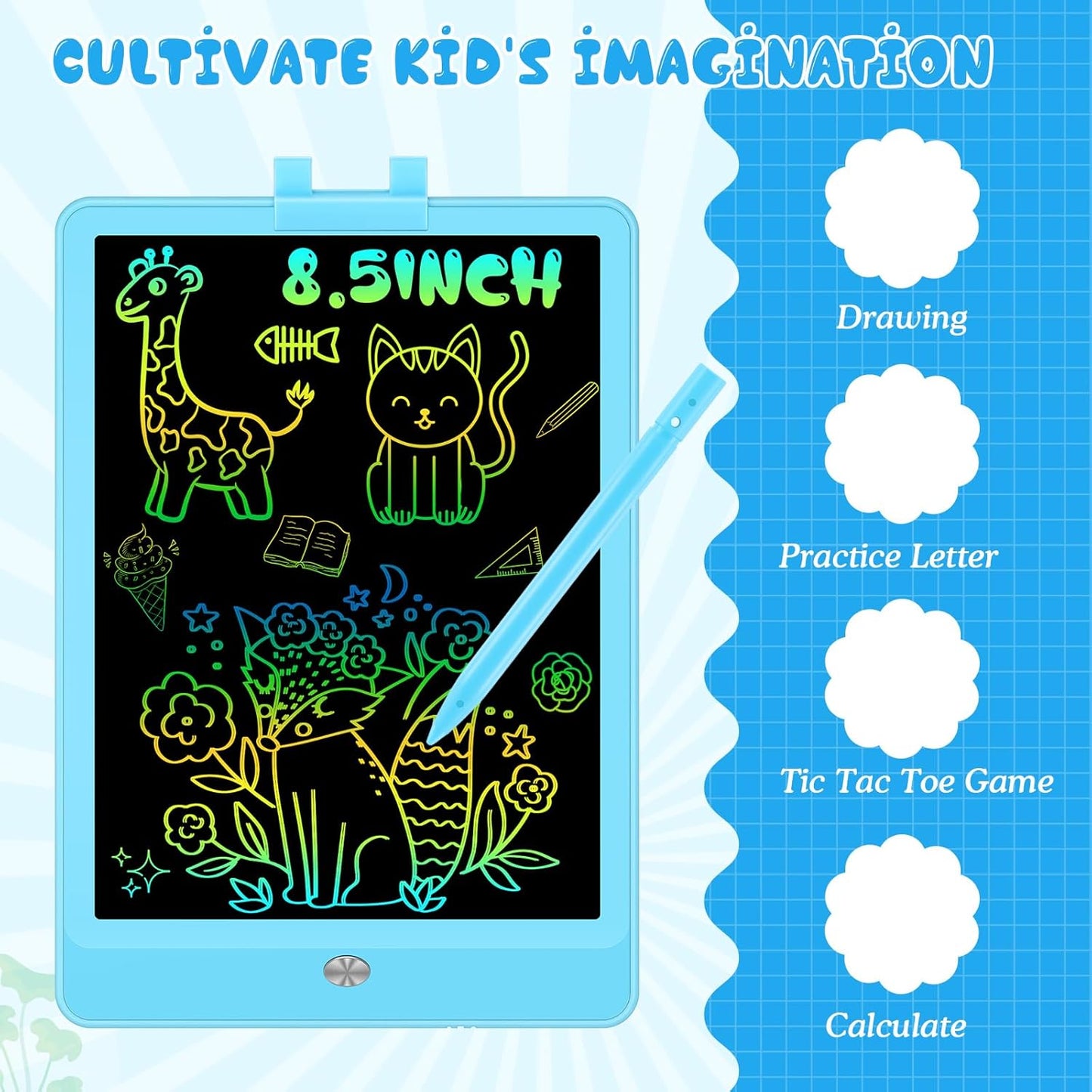 Decute Kids Toys LCD Writing Tablet with Stylus, 8.5 Inch Erasable Toddlers Doodle Board, Reusable Drawing Pad for Kids, Educational Christmas Birthday Gift for 3 4 5 6 7 8 Girls Boys Toddler Blue