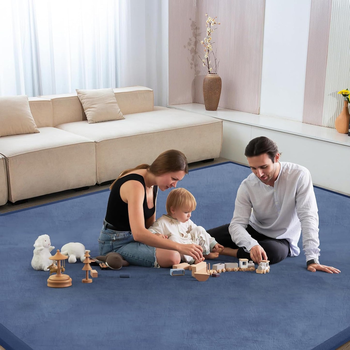 Baby Play Mat for Floor Tummy Time Nursery Muscle Mat Area Rug Playroom Tatami 79"x138" Memory Foam 1.3" Thick Crawling for Babies,Toddlers, Infants, Kids,Floor(Blue)