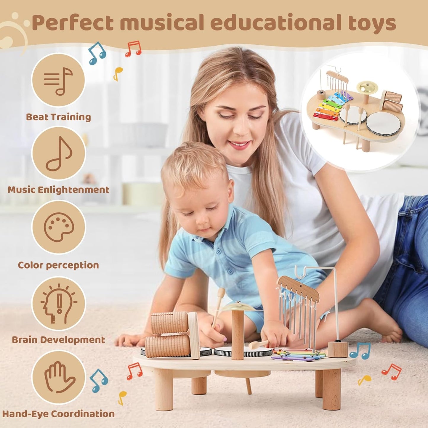 Promise Babe Wooden Musical Instruments for Toddlers 1-3, Percussion Instruments for Kids Baby Drum Set Xylophone, Montessori Educational Musical Toys, Gifts for Girls Boys Ages 3+