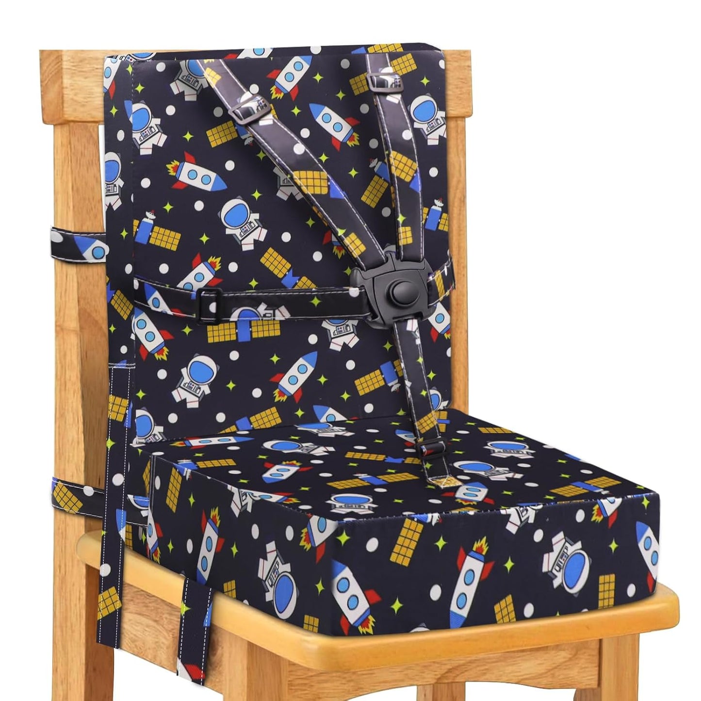 Toddler Booster Seat for Dining Table, Adjustable Safety Buckle Child Booster Seat with Backrest, PU Waterproof Easy Cleaning Portable Booster Cushion (Black)