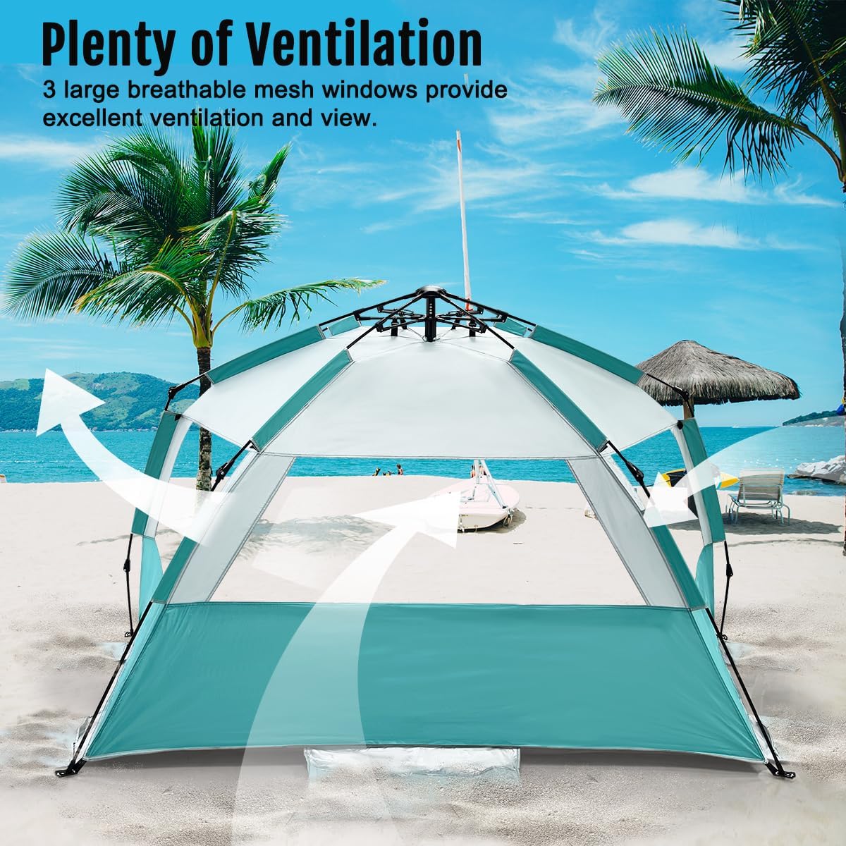 WhiteFang Deluxe Pop Up Beach Tent Sun Shade Shelter for 3-4/5-6 Person, UV Protection, Extendable Floor with 3 Ventilating Windows Plus Carrying Bag, Stakes, and Guy Lines