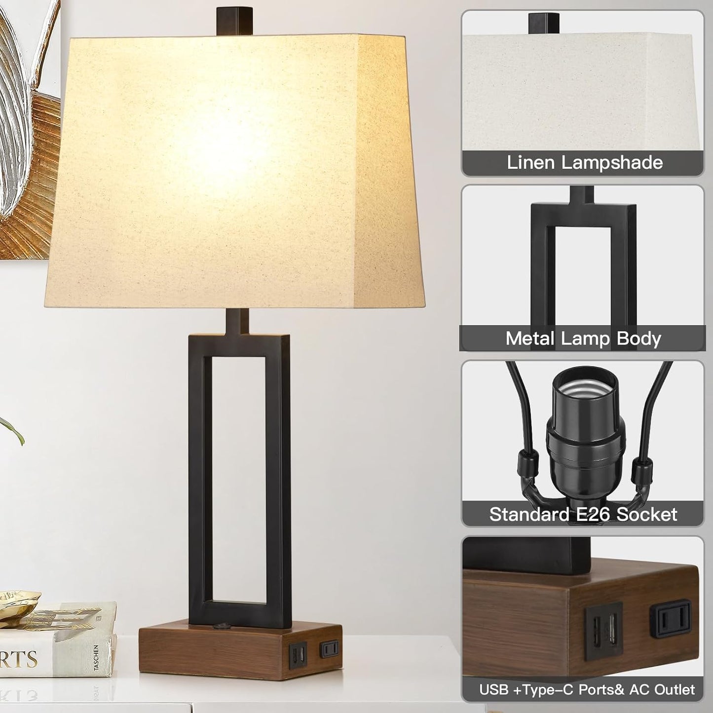 Table Lamps Set of 2 with 2 USB Ports and AC Power Outlet, Modern Bedside Lamp, Wood Nightstand Lamp with Linen Shade for Living Room Bedroom End Table Hotel Desk(LED Bulb Included)