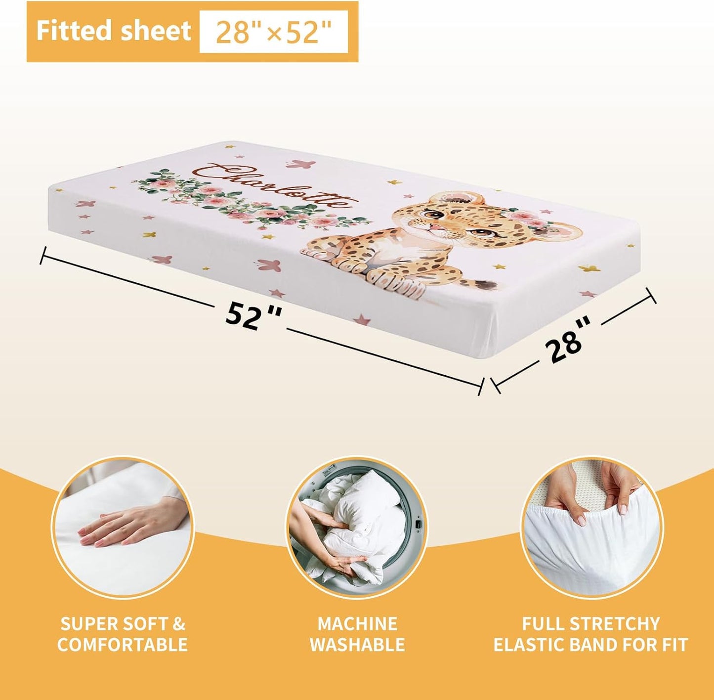 Custom Baby Crib Bedding Set, 5 Pcs Personalized Name Baby Crib Sets for Infant Toddler, Floral Leopard Nursery Bedding Set for Baby Girls, Double Layer Baby Bedding Sets Customized Gifts