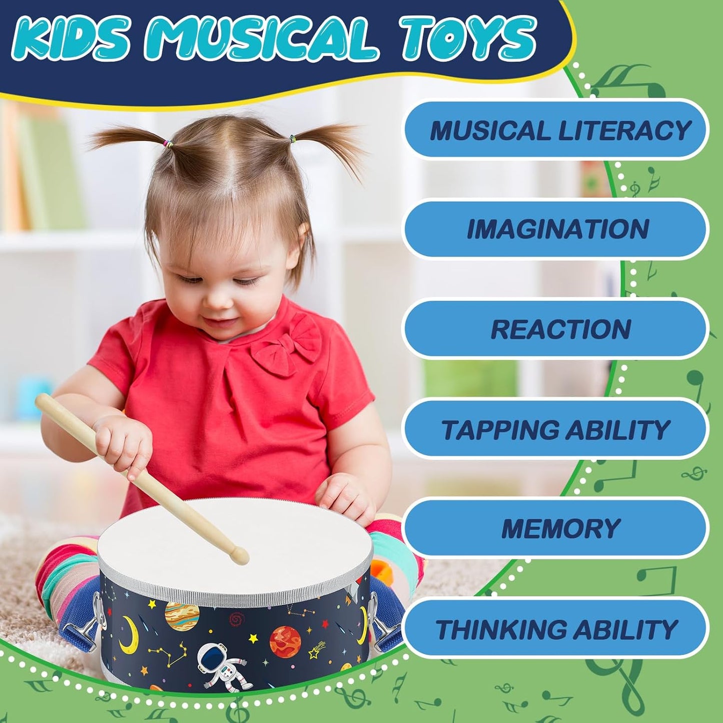 Boao 1 Pc Kids Drum Set, 8 Inch Toddler Drum Wooden Toy with Adjustable Strap and 4 Drumsticks, Educational Sensory Musical Instrument for Toddlers Kid Baby Boys Girls Gift (Dinosaur)