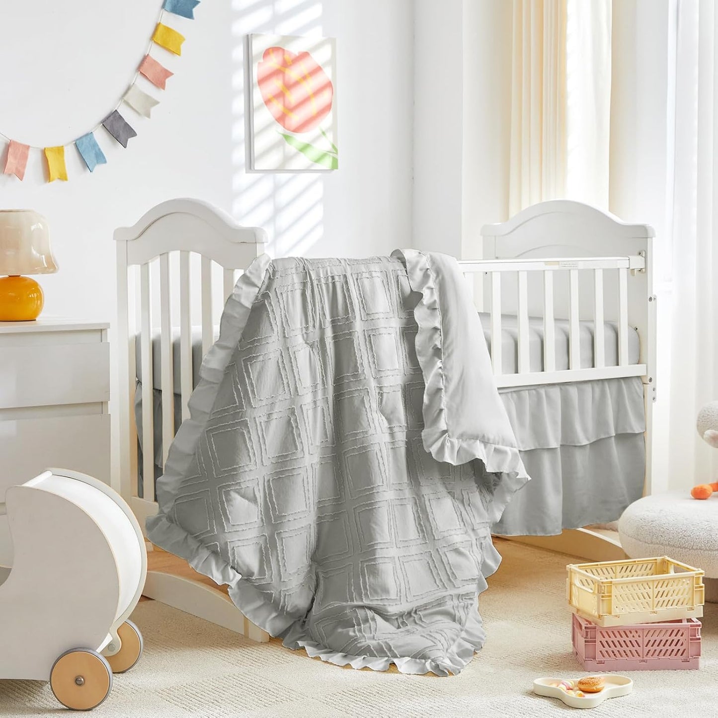 Mini Crib Bedding Set 3 Pieces Baby Boho Quilted Tufted Ruffles Comforter with Fitted Sheet and Ruffled Bed Skirt - Cute Shabby Baby Bedding Fits Mini Crib Only Light Gray