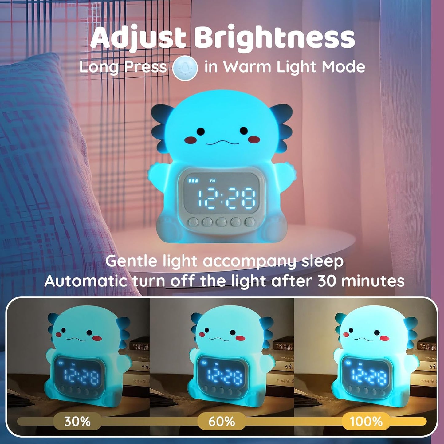 Axolotl Alarm Clock with Night Light for Kids, Rechargeable Silicone Lamp Time to Wake Clock Cute Animal Tabletop Lamp, Perfect Sleep Companion for Boys Girls, Blue