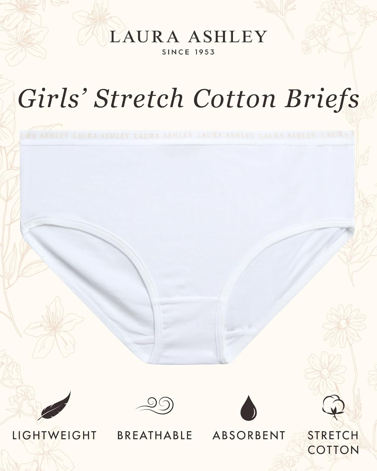 Laura Ashley Girls Underwear - 5 Pack Soft Stretch Breathable Panties for Girls - Lightweight Cotton Panties (Size: 4-12)