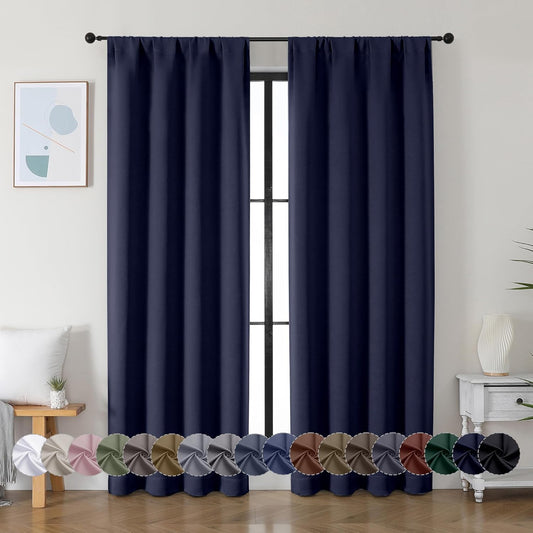Simplebrand Ava Navy Blue Blackout Curtains for Bedroom 84 Inch Length 2 Panels Set, Solid Thermal Insulated Privacy Living Room Window Treatment Curtains Blackout Drapes, W40 x L84 Inch, Navy Blue