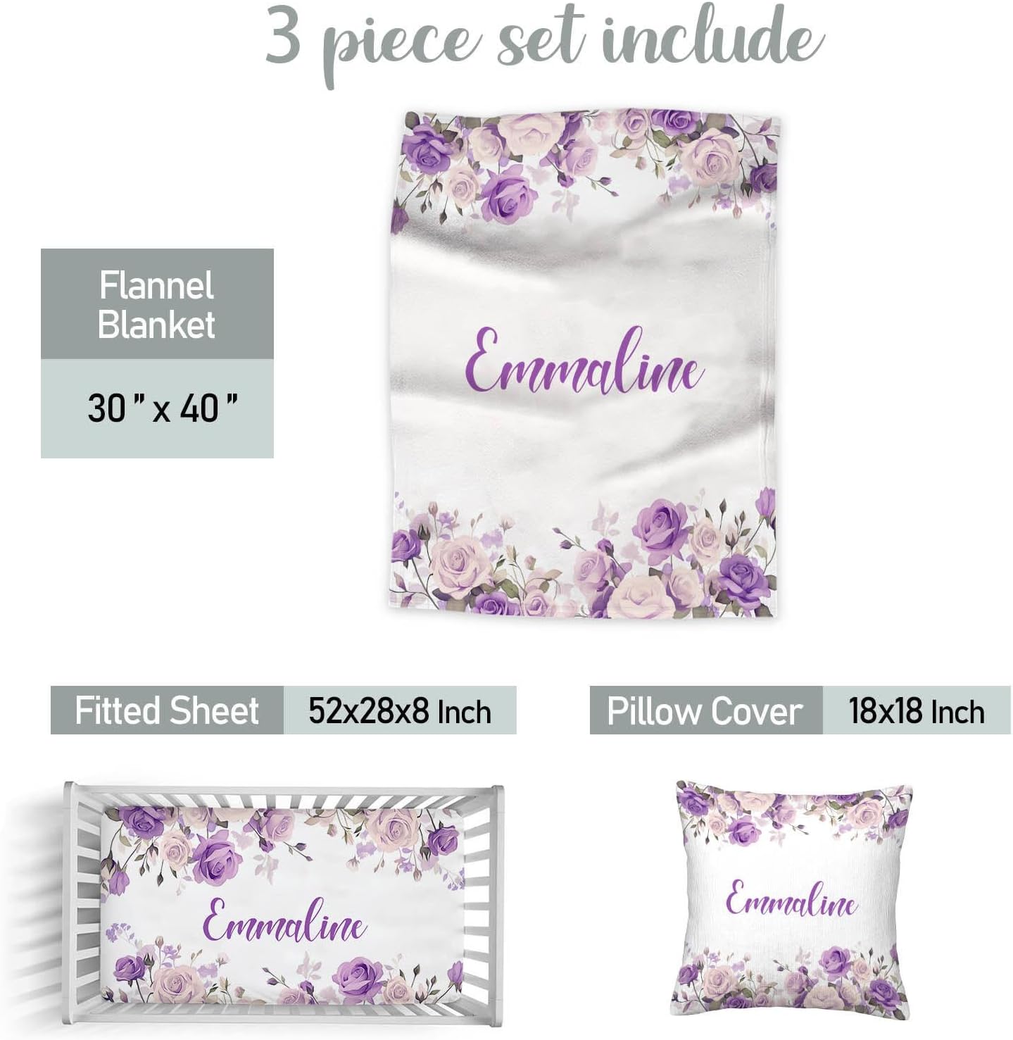 Personalized Baby Girl Crib Bedding Set – Custom Name Floral Purple 3-Piece Nursery Set with Soft Flannel Blanket, Fitted Sheet & Pillowcase – Infant & Toddler Bedding Gift