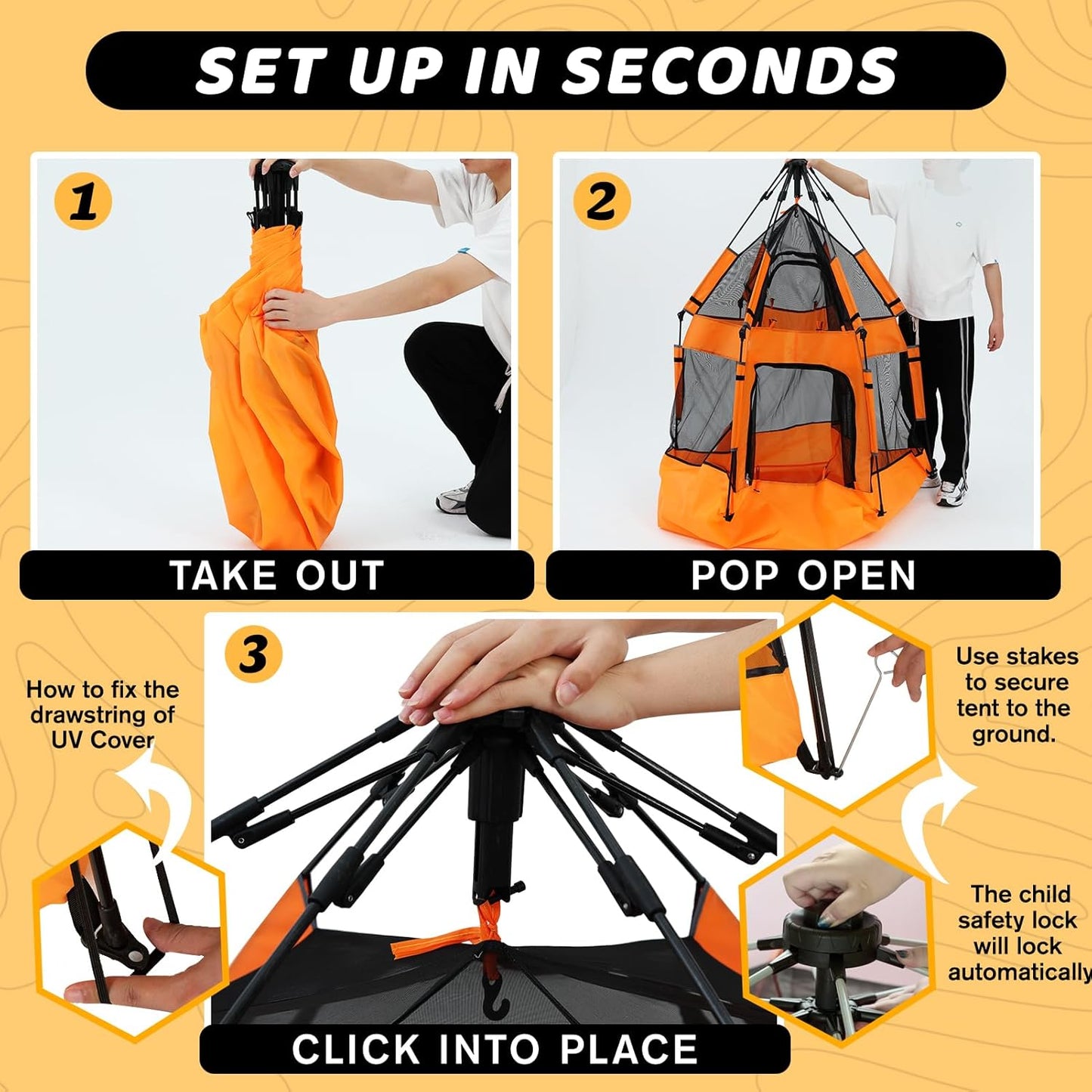 Baby Pop Up Playpen with Canopy, Pop Up Baby Pop Up Tent with Safety Lock, Portable Toddler Play Yard with Travel Bag, 6 Ground Stakes, 6 Sand Stakes