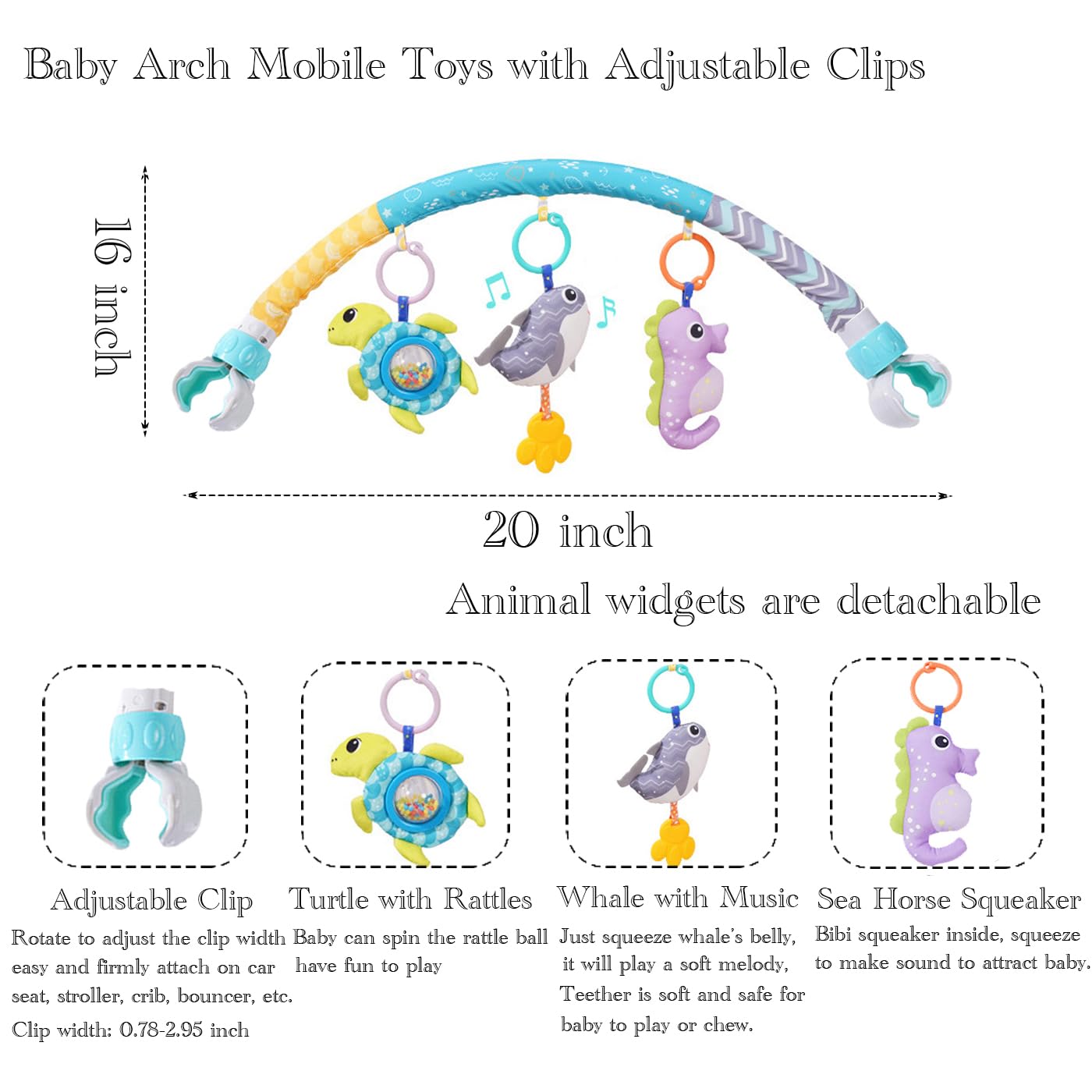 Baby Stroller Arch Toys, Crib Mobile for Infants Adjustable Bassinet Mobile with Universal Clamp, Activity Toy Bar for Bouncer Newborn CarSeat Stroller Toy Sense Toys for Baby 0 6 12 Months