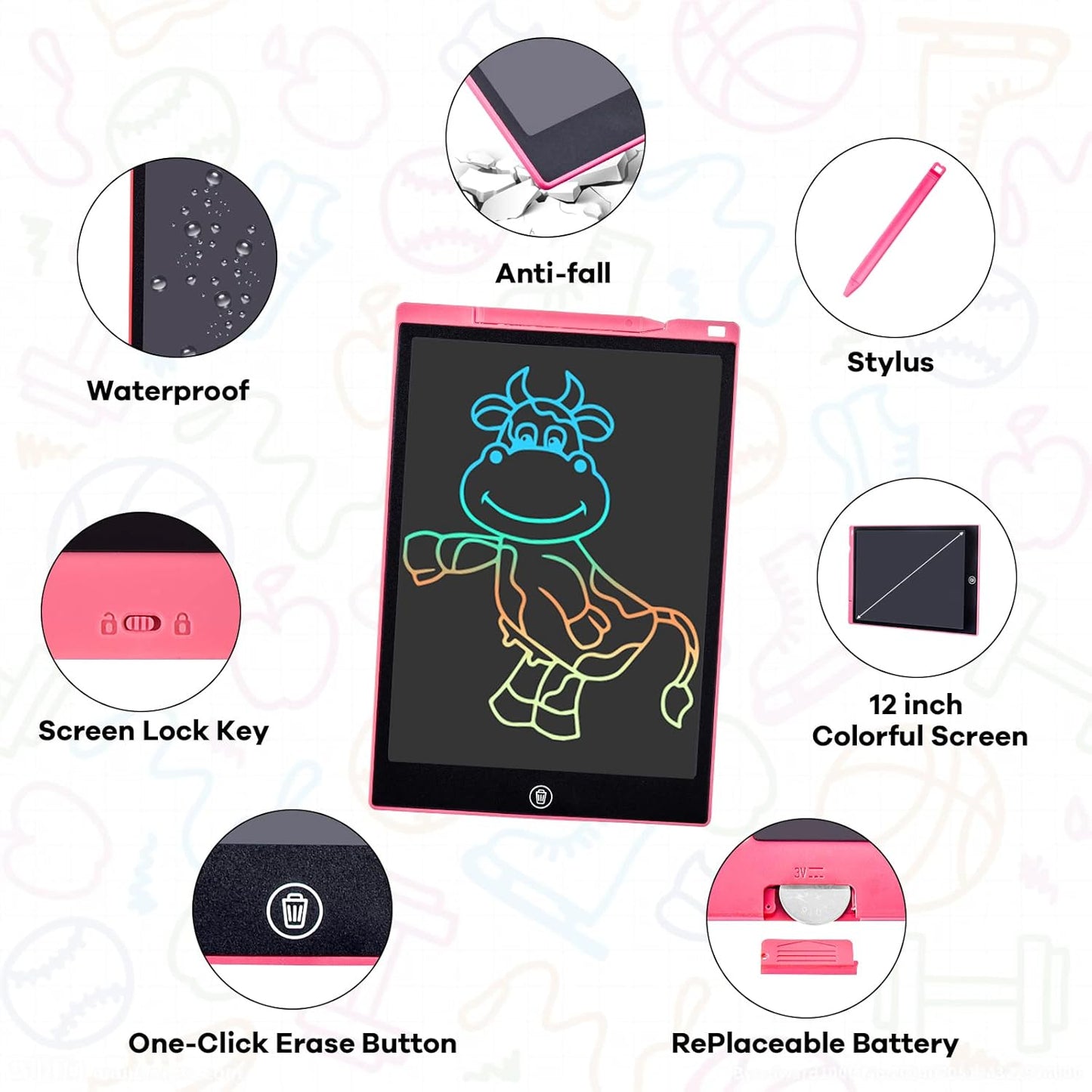 2 Pack LCD Writing Tablet, 12 inch Colorful Toddler Drawing Pad Doodle Board, Erasable Educational Toy Christmas Birthday Gift for 3 4 5 6 7 Year Old