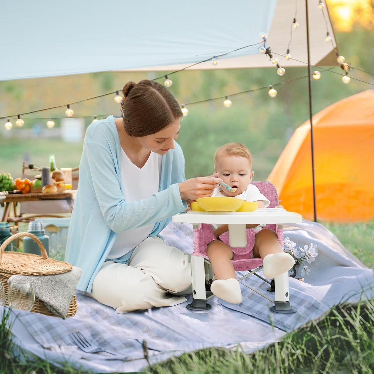 Baby Travel Booster Seat with Double Tray, BabyBond Upgraded Toddler Portable Baby Chair, Booster Seat for Dining Table, Stable and Foldable Booster Baby Chair for Indoor/Outdoor (Pink)