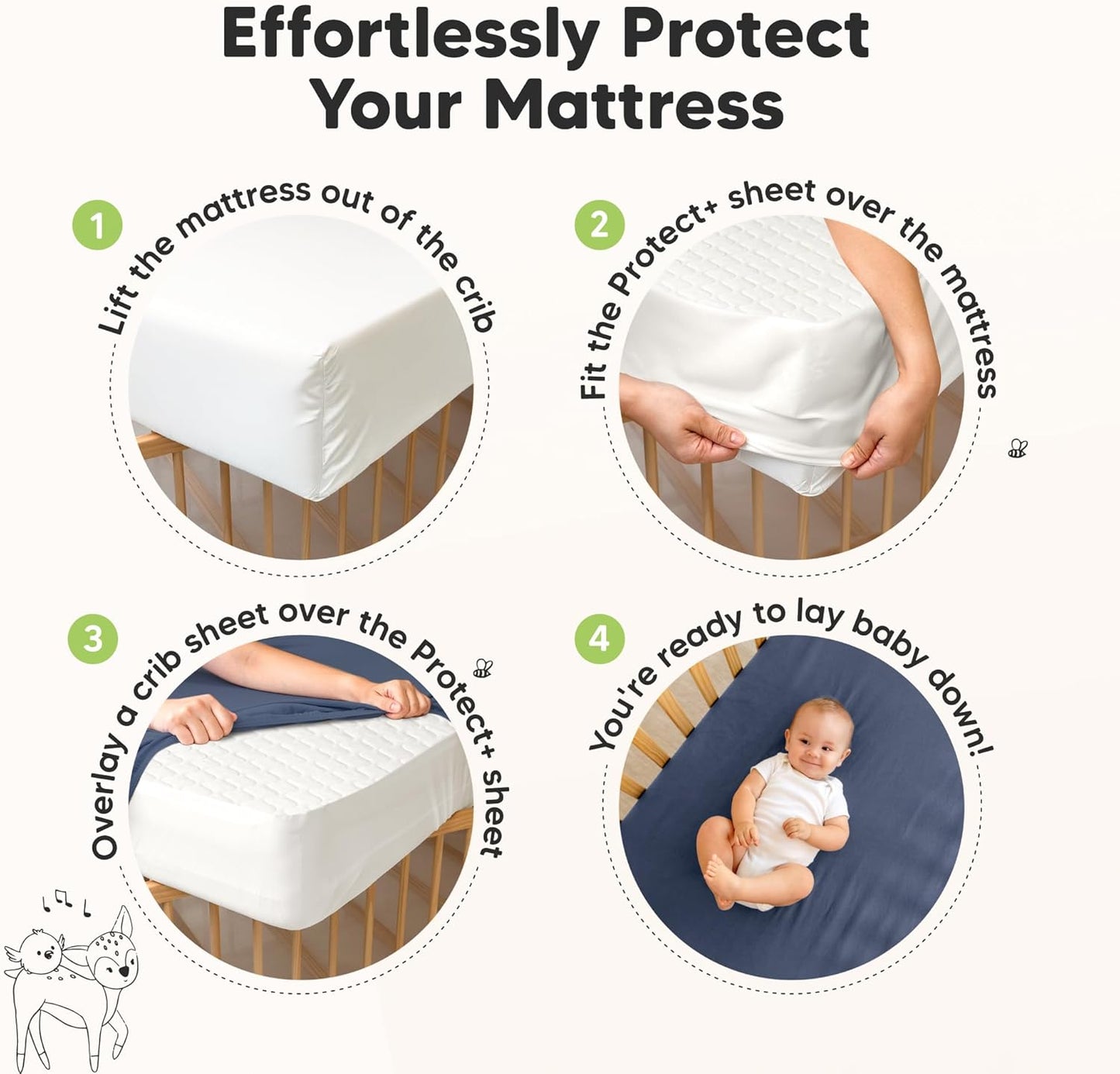 Waterproof Crib Mattress Protector Cover Fitted - 2-Pack Quiet Baby Crib Mattress Pad Sheets, 52" x 28" Soft Quilted Cotton Baby Sheet, Machine Washable, Easy Fit, Durable(Soft White/Mavy)