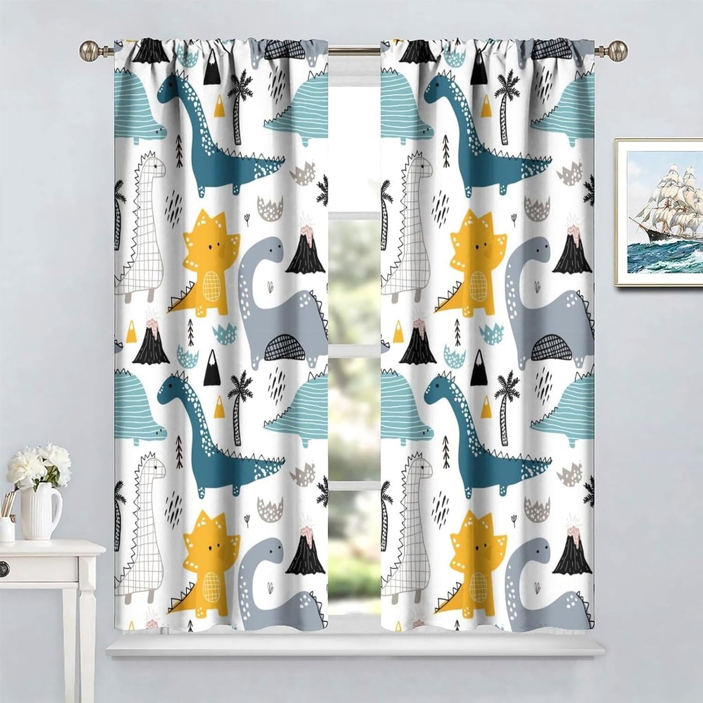 Kids Dinosaur Curtains for Boy Girl Bedroom Decor Cartoon Dino Colorful Cute Funny Wildlife Animal Printed Blackout Rod Pocket Window Drapes for Baby Nursery Playroom Living Room W31.5xL72in 2 Panels