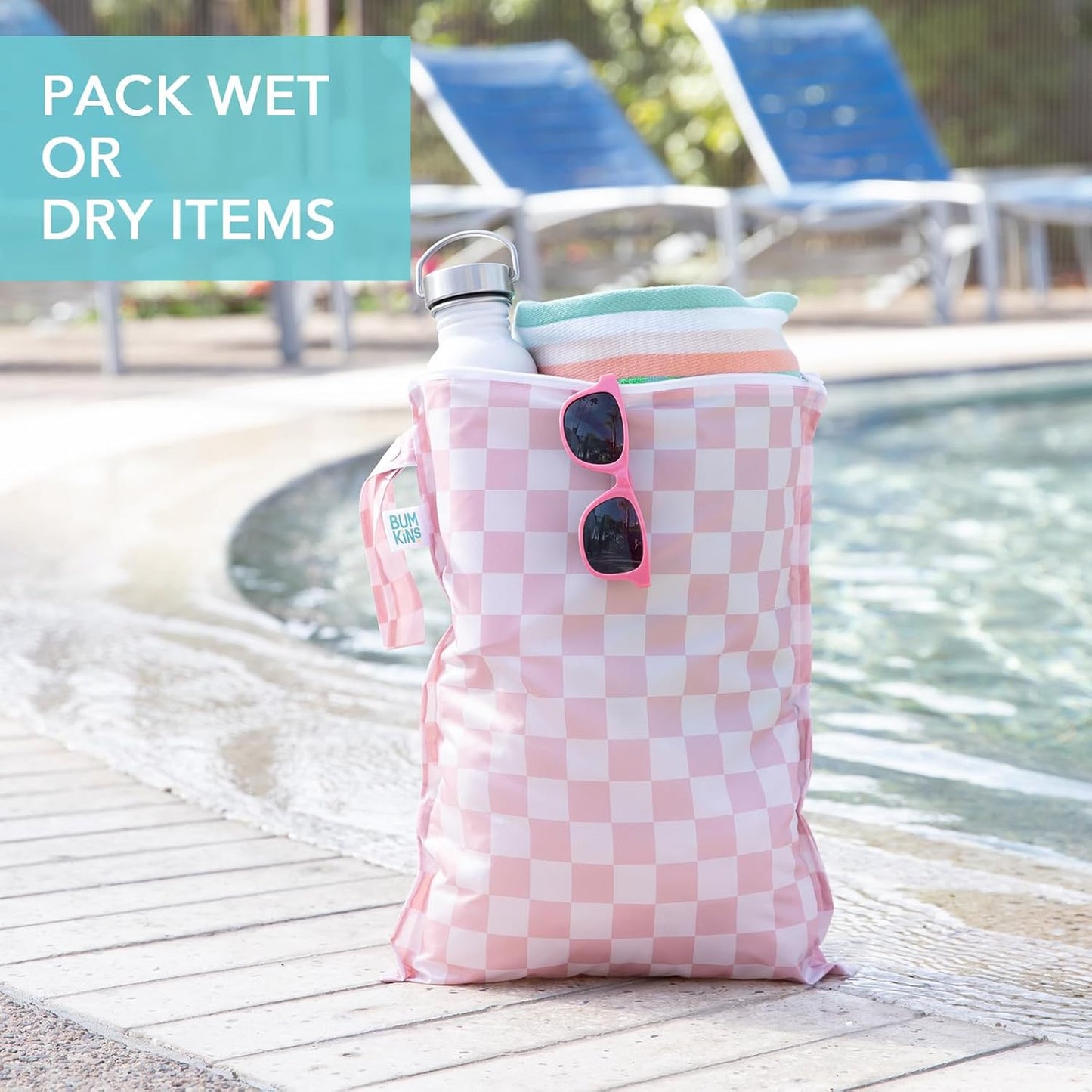 Bumkins - Waterproof Wet Bag - For Baby, Travel, Swim Suit, Cloth Diapers, Pump Parts, Pool, Gym, Toiletry, Strap to Stroller - Reusable & Easy to Clean - 2pk - Beige & Pink Check