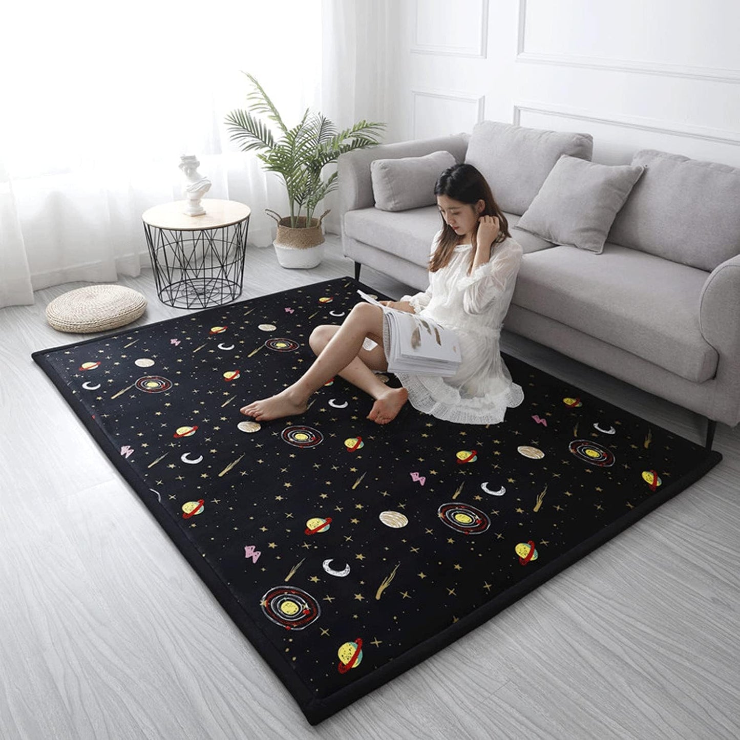 Loartee Coral Velvet Area Rug - 1" Thick Memory Foam Baby Play Mat, Washable Toddler Carpet, Home Decor for Living Room, Nursery, Kids Bedroom, Astral Black, 6'7"x7'10"