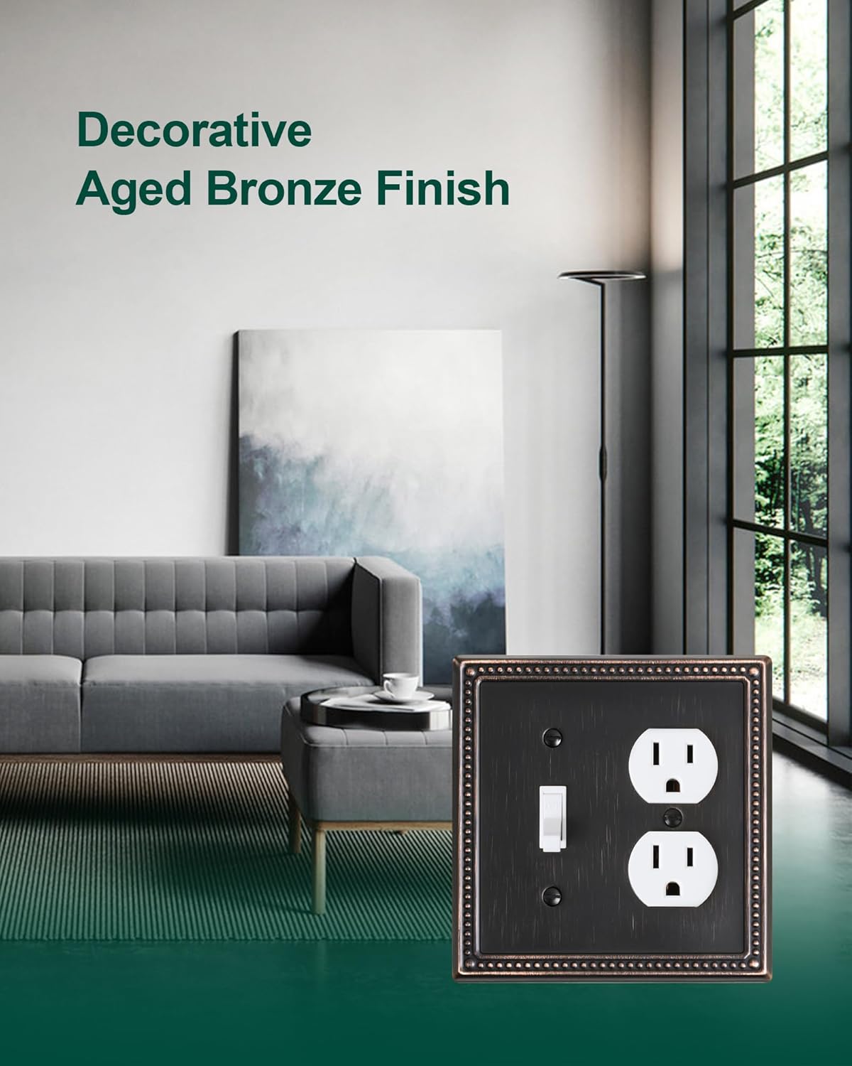 2-Pack Combo Toggle/Duplex Light Switch Cover Plate, Aged Bronze Metal Wall Outlet Cover Plate, Decorative Classic Beaded Wall Socket Receptacle Cover for Electrical Outlets, Light Switch