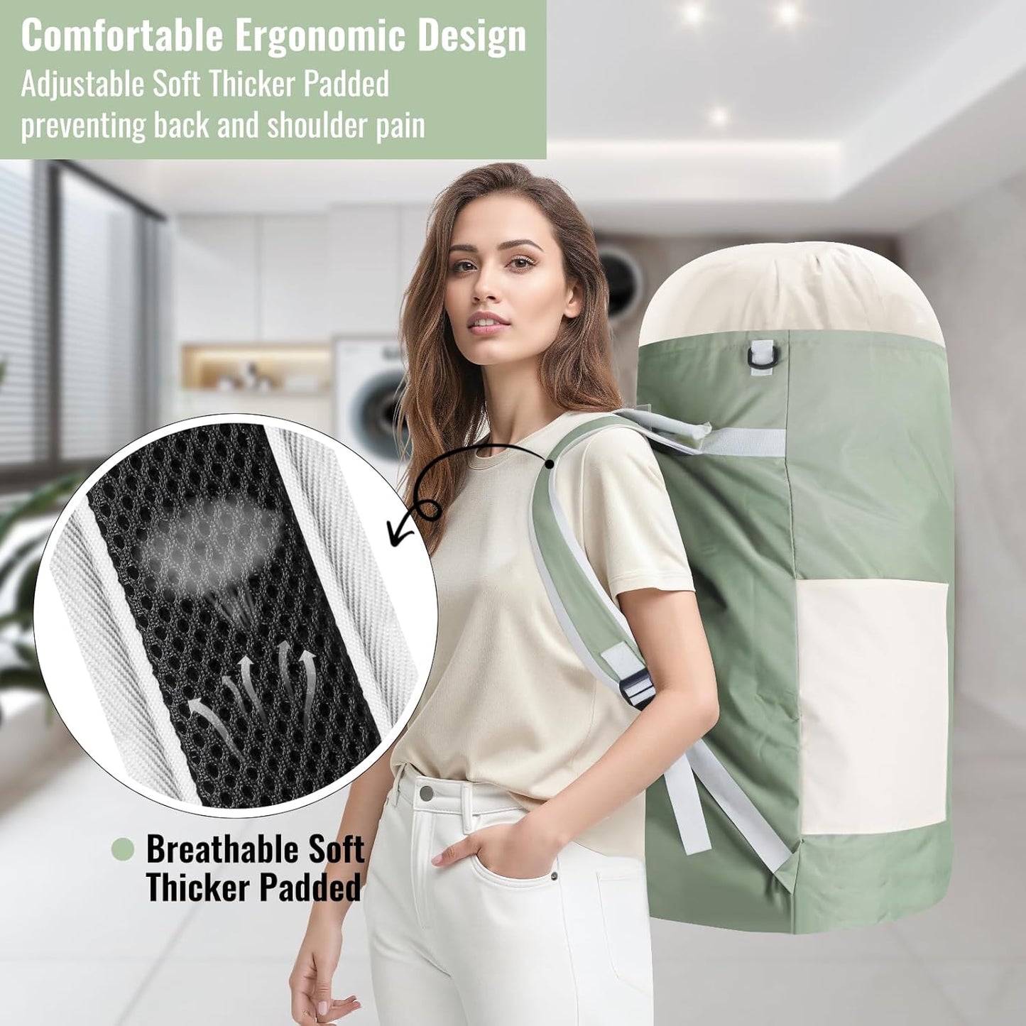 Laundry Bag Backpack, 125L Extra Large Travel with Shoulder Straps, Adjustable & Extendable Design, Laundry Hamper Bag with 3 Pockets for Laundromat, College, Travel, Camping (Green)