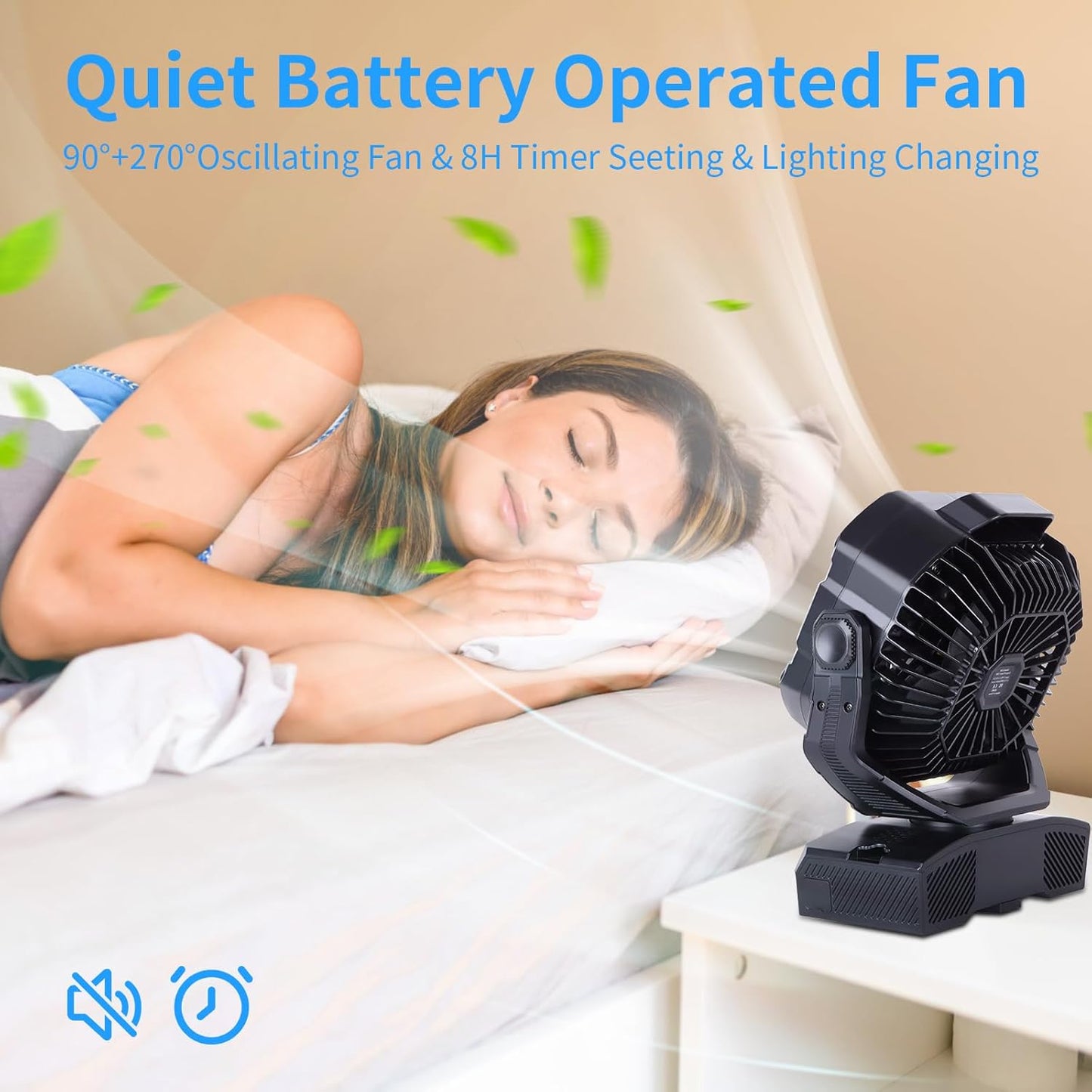 Camping Fan 20000mAh Rechargeable Battery Operated fan Outdoor Tent Fan with Light & Hook 270° Pivot, knob Speeds, Personal USB Desk Fan for Camping Power Outage Jobsite Black X68