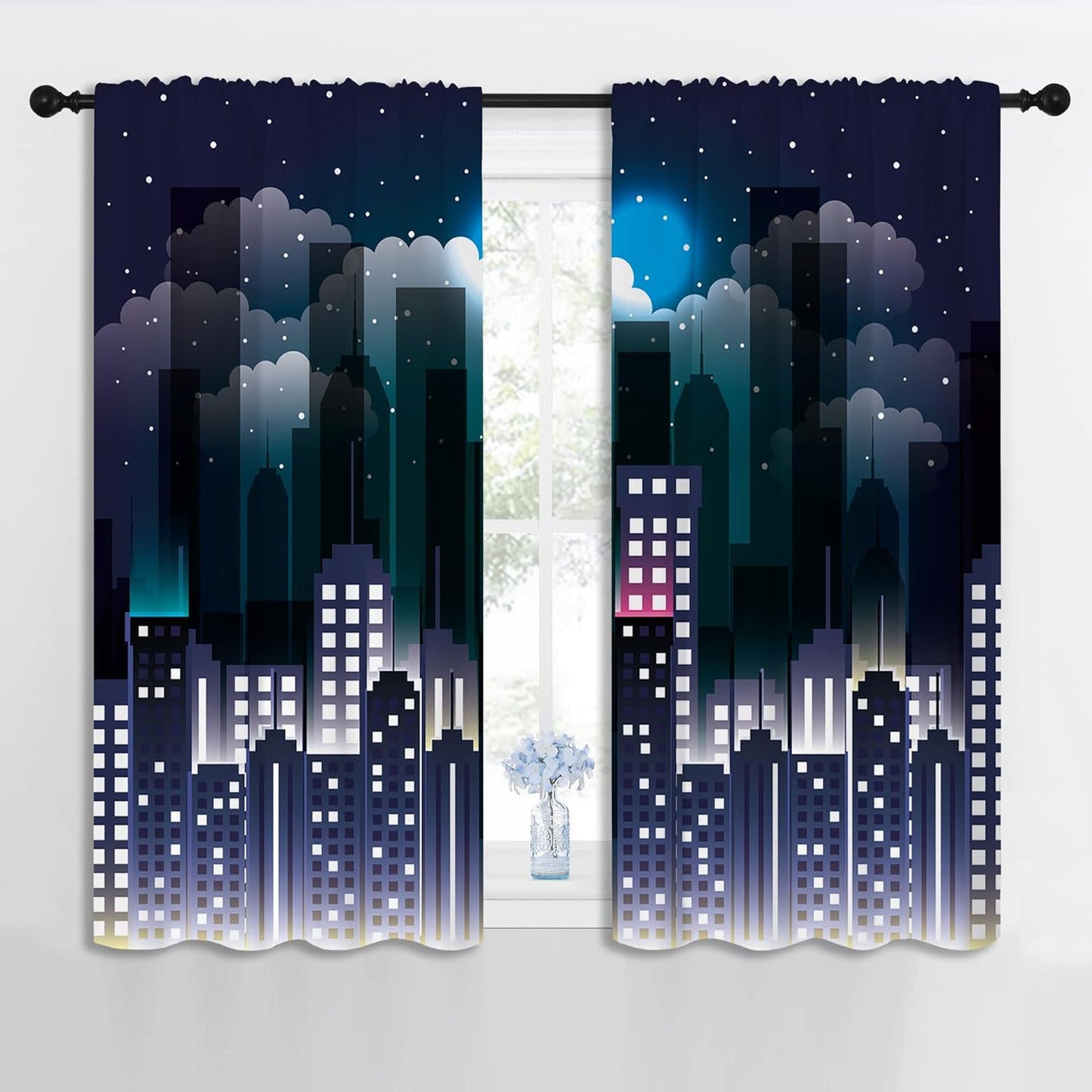Superhero Rod Pocket Blackout Curtains for Boy Girl Bedroom, Violet Night Sky Buildings Cityscape Thermal Insulated Home Window Drapes for Living Room Darkening, 42x45 inch