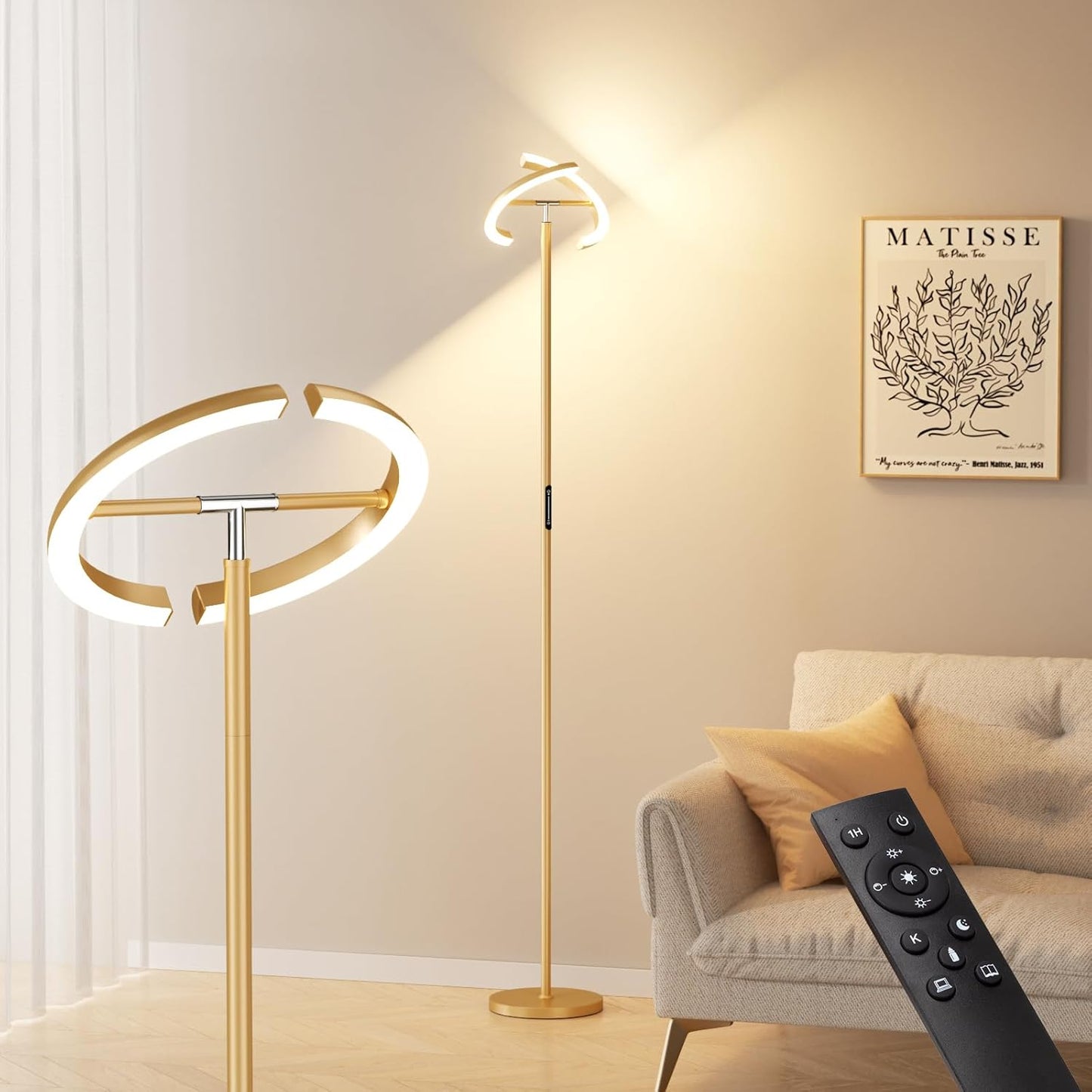 Floor Lamps for Living Room, 40W/2400LM LED Gold Floor Lamp with Touch & Remote Control, 70" Tall Standing Lamp Stepless Dimmable, Modern Torchiere Corner Lamp for Bedroom, Office- Gold