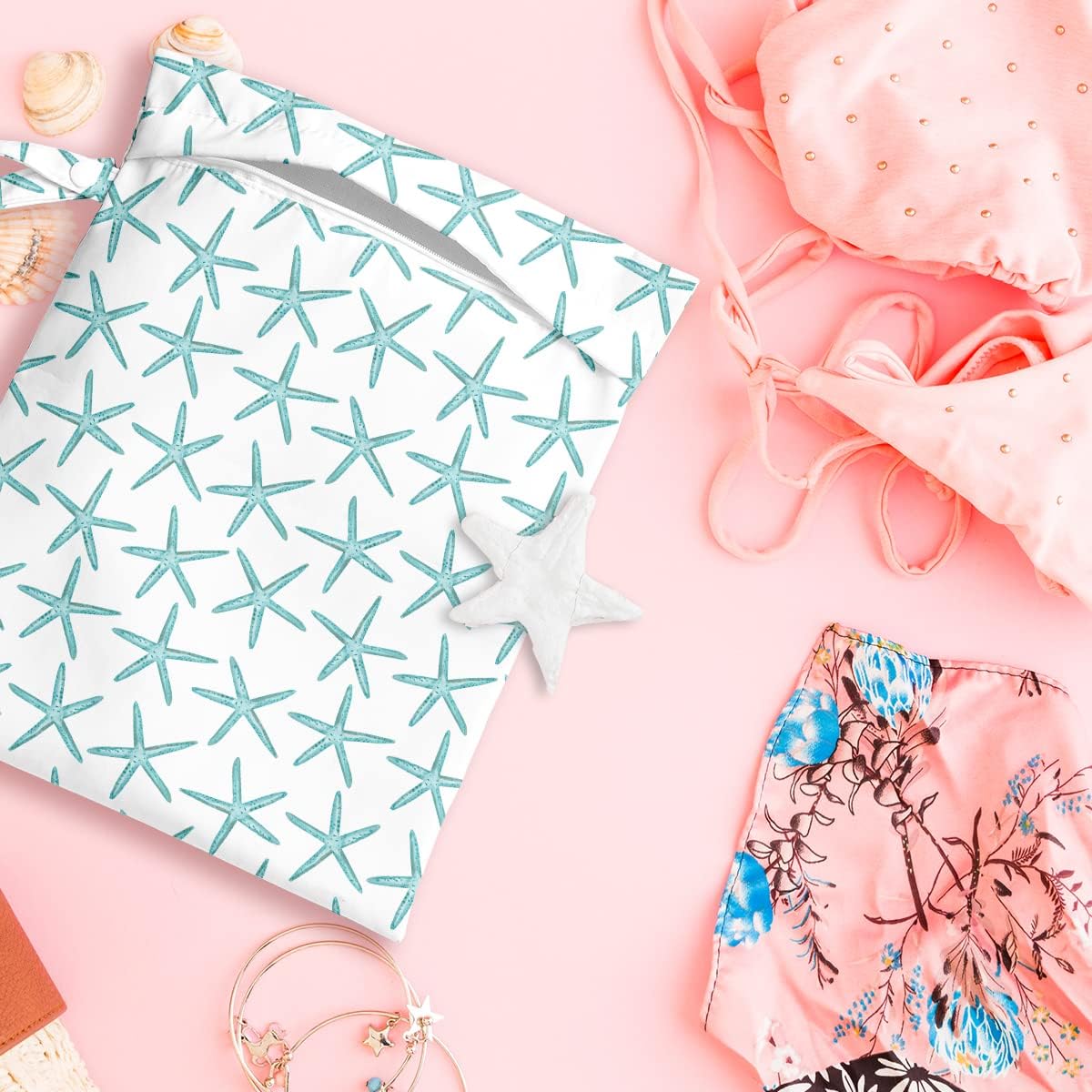 Wet Bag, Wet Dry Bag, Wet Bag for Swimsuit, Travel, Beach, Pool, Diapers, Dirty Yoga Gym Clothes, Makeup Bag, Waterproof Reusable Beach Bag Ocean Decor Starfish Sea Horse Anchor