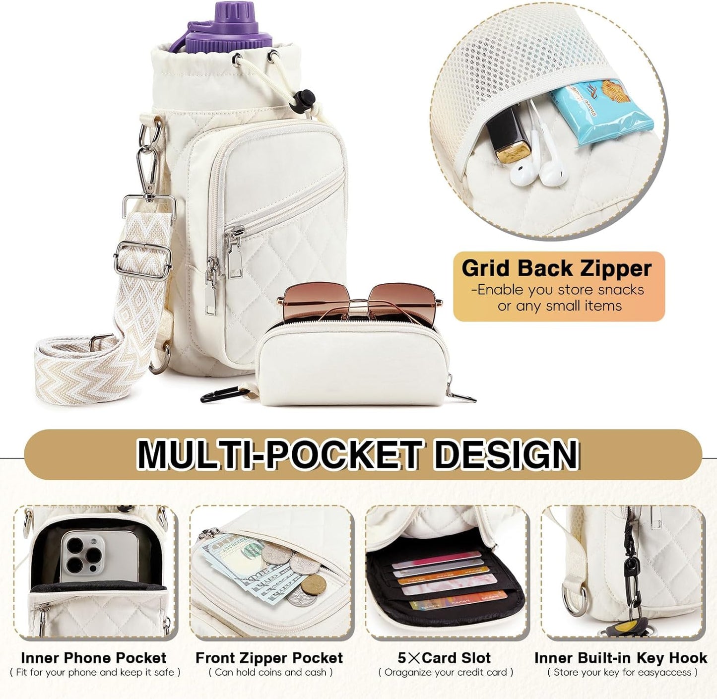 Water Bottle Carrier Bag with Strap, Water Bottle Holder Crossbody Bags for Women Men for Walking, Hiking,Cycling