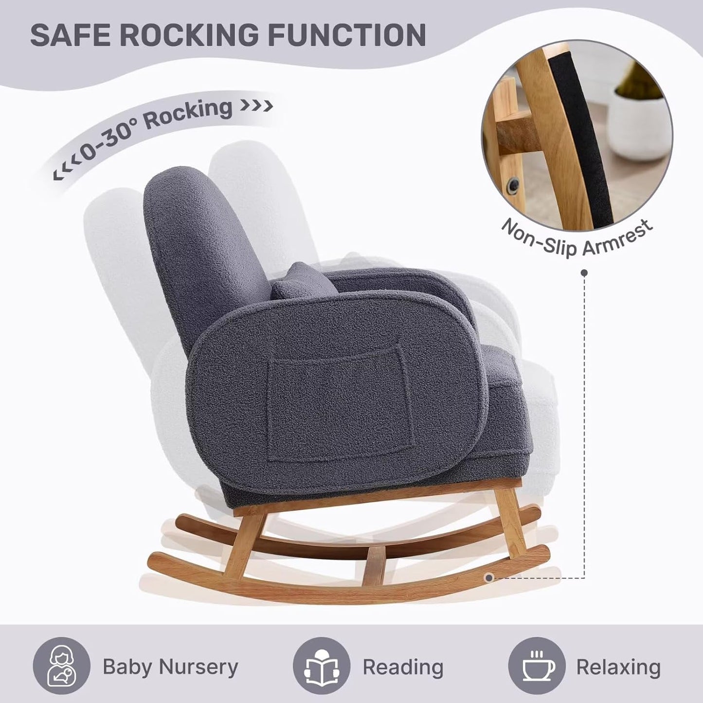 Nursery Rocking Chair with Ottoman, Upholstered Glider Rocker with High Backrest and Side Pocket, Rocking Accent Armchair with Solid Wood Legs for Nursery, Living Room, Bedroom Dark Grey